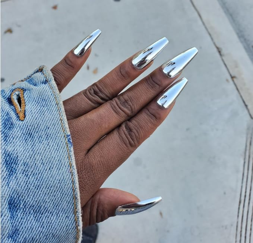 Imabc Silver Punk Metallic Press on False Nails Long Coffin Ballerina Chrome Mirror Fake Nails Full Cover Acrylic Nail Tips with Glue Tape for Women and Girls image number 1