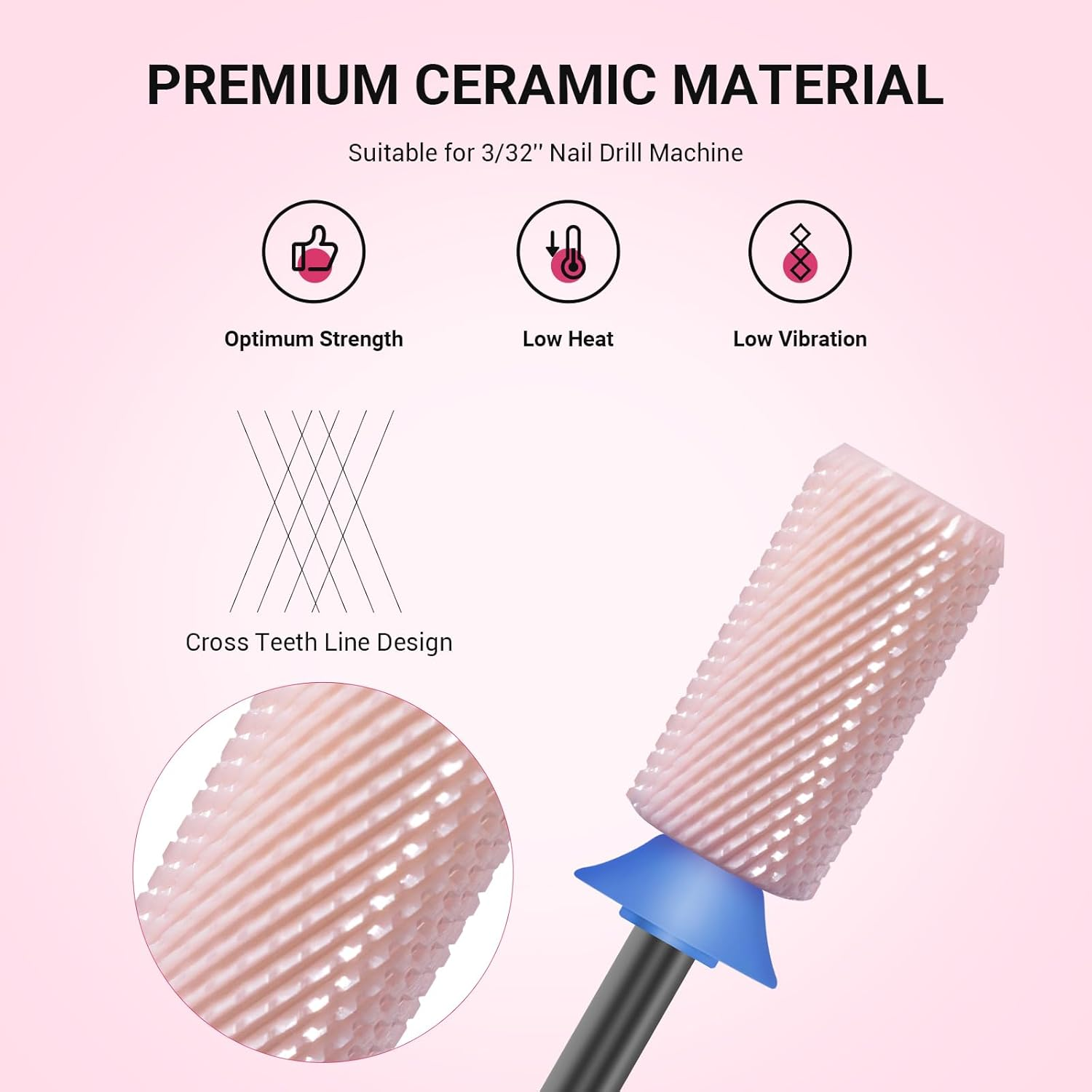 Melodysusie Ceramic Nail Drill Bits, 3/32'' Chamfer Flat Top Large Barrel Bits, Fast Remove Acrylic or Hard Gel, Nail Tool for Manicure Pedicure, Salon Home, Professional or Beginner, Pink, Medium image number 3