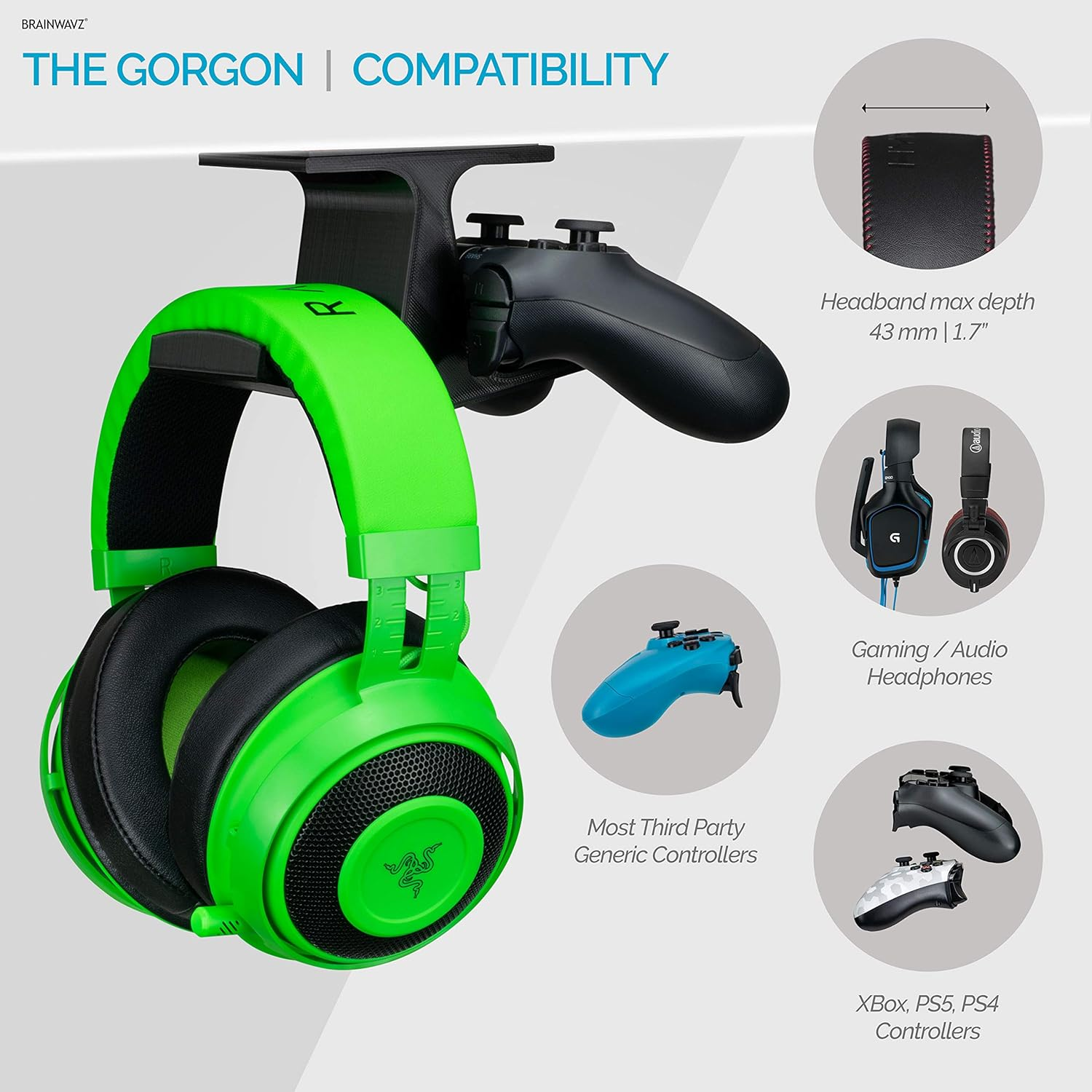 The Gorgon - under Desk Game Controller & Headphone Holder for XBOX, PS4, PS5, Series One, Steelseries, PC & Most Gamepads & Headsets, Screwless Hanger Stand, Black by Brainwavz image number 5
