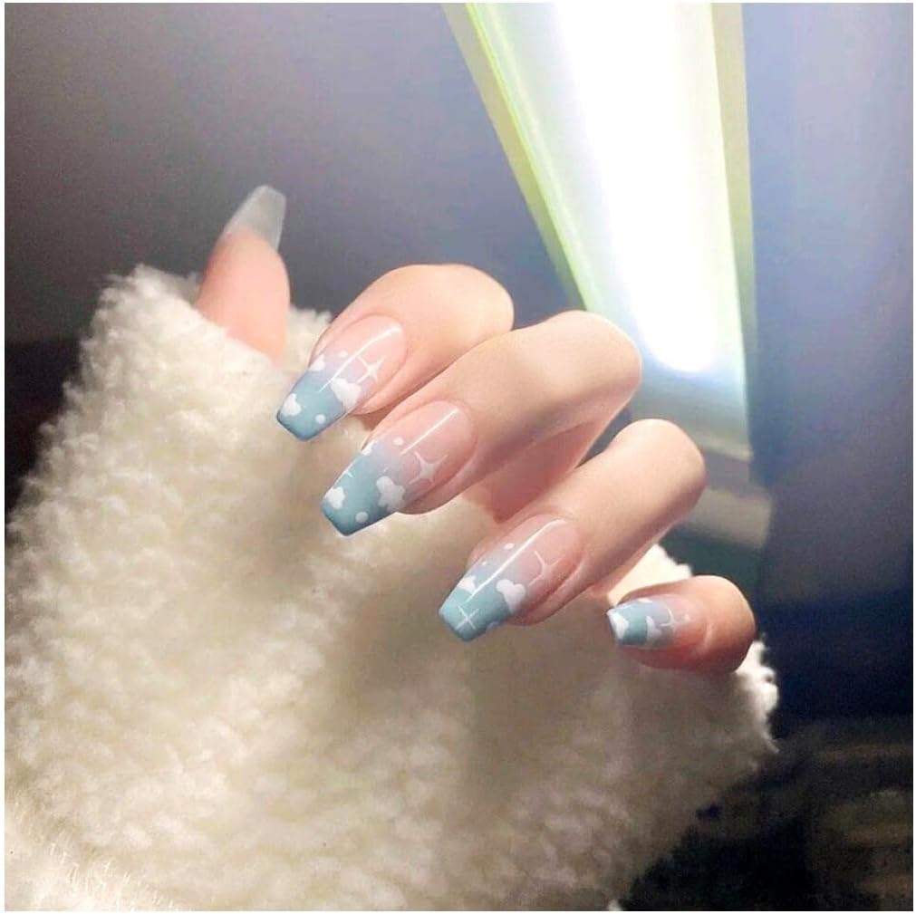 Fake Nail 24Pcs Blue Bowknot Fake Nails Ballet Removable Wear Full Covering Pressed Fake Nails Artificial Manicure Patch False Nail Tips Women False Nails