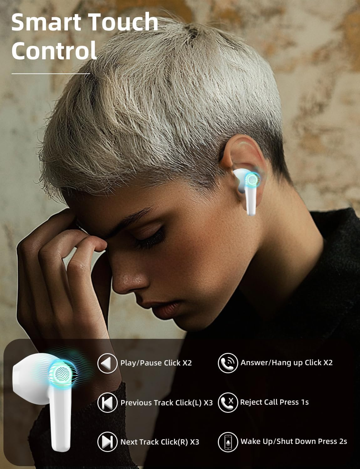 MAS CARNEY Wireless Earbuds with Charging Case M1, Smart Touch, Bluetooth 5.3, Mini Size, Light Weight 35G, 240Mah Battery, 20 Hours Music Time, Built in Micphone - Black image number 5