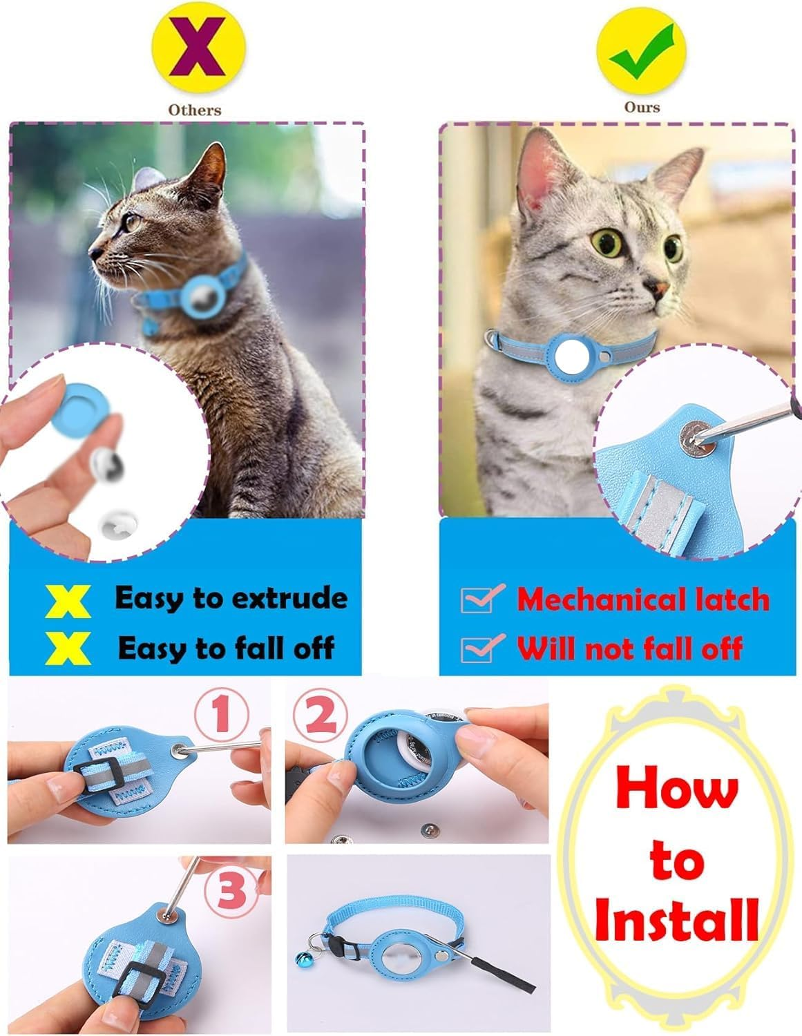 3 PCS Airtag Cat Collars, Reflective Kitten Collar with Breakaway Bell, Dog Collar Accessory with Safety Buckle for Apple Air Tag, Cat Collar Waterproof Airtag Holder Quick Release for Puppy (PK) - Bl image number 3