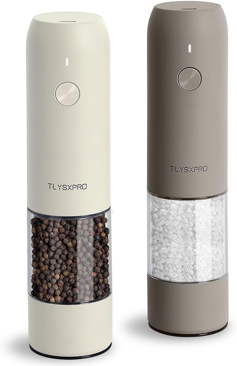 Electric Salt and Pepper Grinder Set, USB Rechargeable, Automatic Salt and Pepper Mill with Adjustable Coarseness, Pepper Shakers, LED Light, Refillable, Kitchen Gadgets (2 Packs, Greige&Buttercream) - Blackwhite image number 5