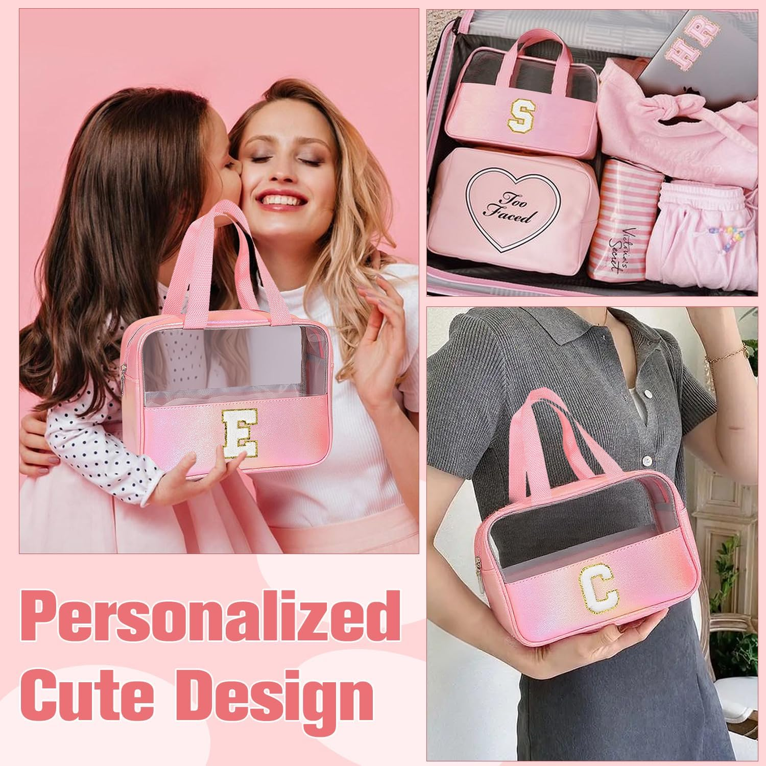 Personalised Transparent Cosmetic Bag, Pink Toiletry Bag, Travel Waterproof Toiletry Bag, Birthday Gifts for Girls, Women, Mothers, Best Friends and Bridesmaids, Letter V - B image number 5