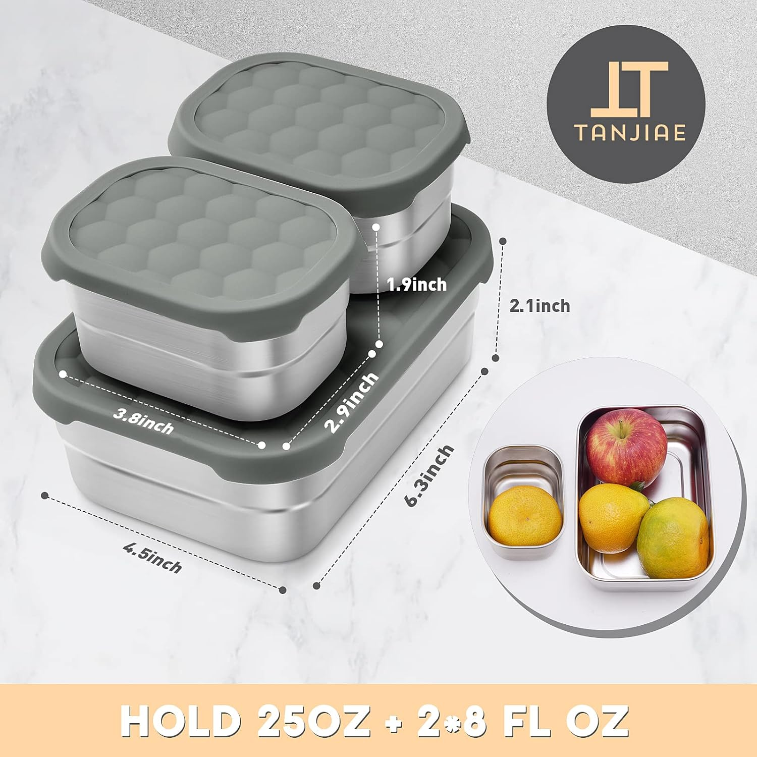 3 Cup+1 Cup Stainless Steel Lunch Snack Containers Set | Leak Proof 304 Stainless Steel Food Containers with Silicone Lids - Perfect Metal Lunch Box for School and Daycare (25Oz+8Oz*2) - Green Lunch Containers For Kids image number 2