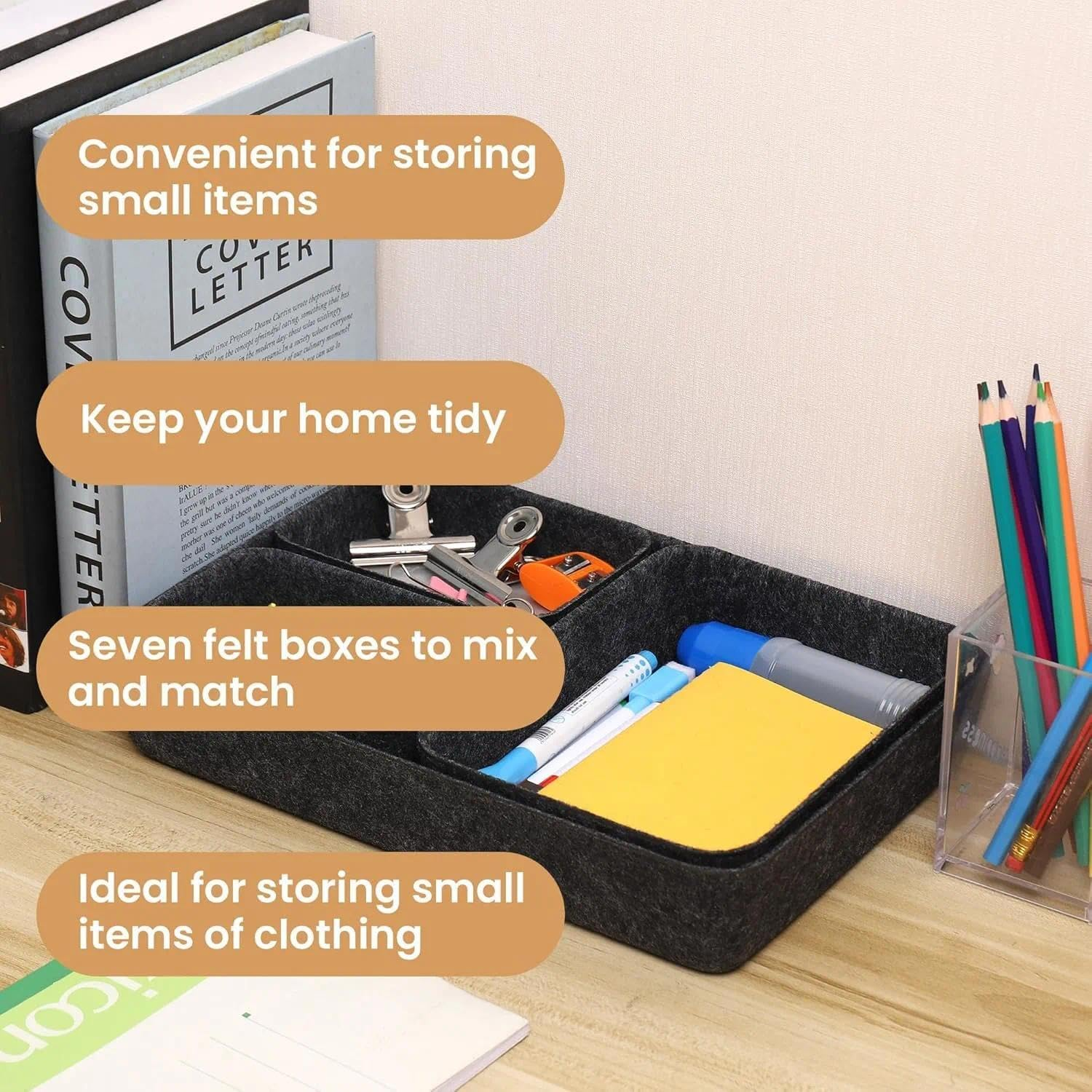 Set of 7 Felt Storage Box Drawer Organisers, Thickened Felt Drawer Insert System for Clothes & Accessories, Flexible Storage Boxes for Bedroom, Office, Changing Table &ndash; Ermaoo image number 2