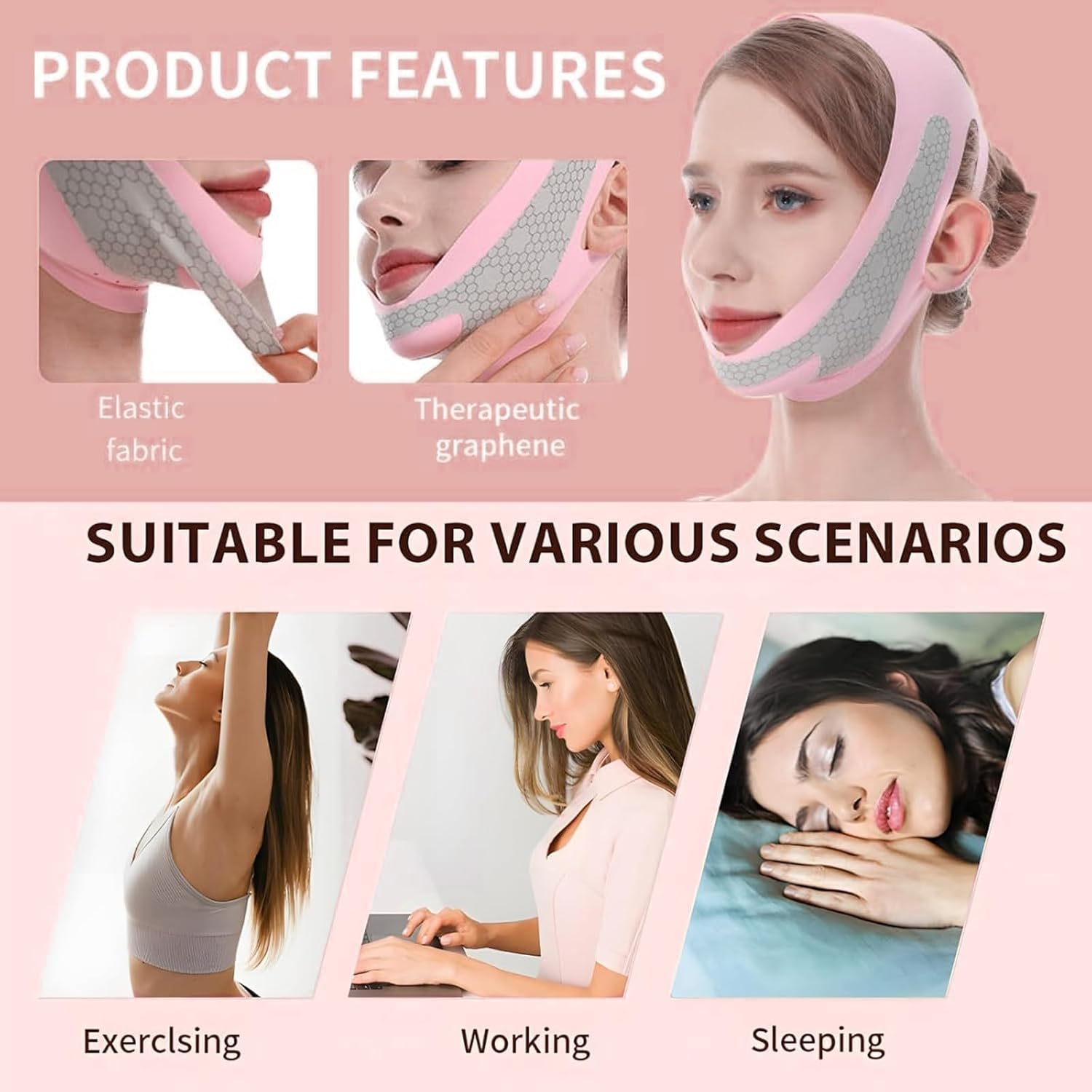 V Line Lifting Mask, V-Line Mask, Face Lift Tape, Reusable Chin Strap for Sleeping, Face Toning Belts, Double Chin and Sagging Shape and Tighten Face, Shaped Face Mask for Sagging (Pink) - Pink image number 2