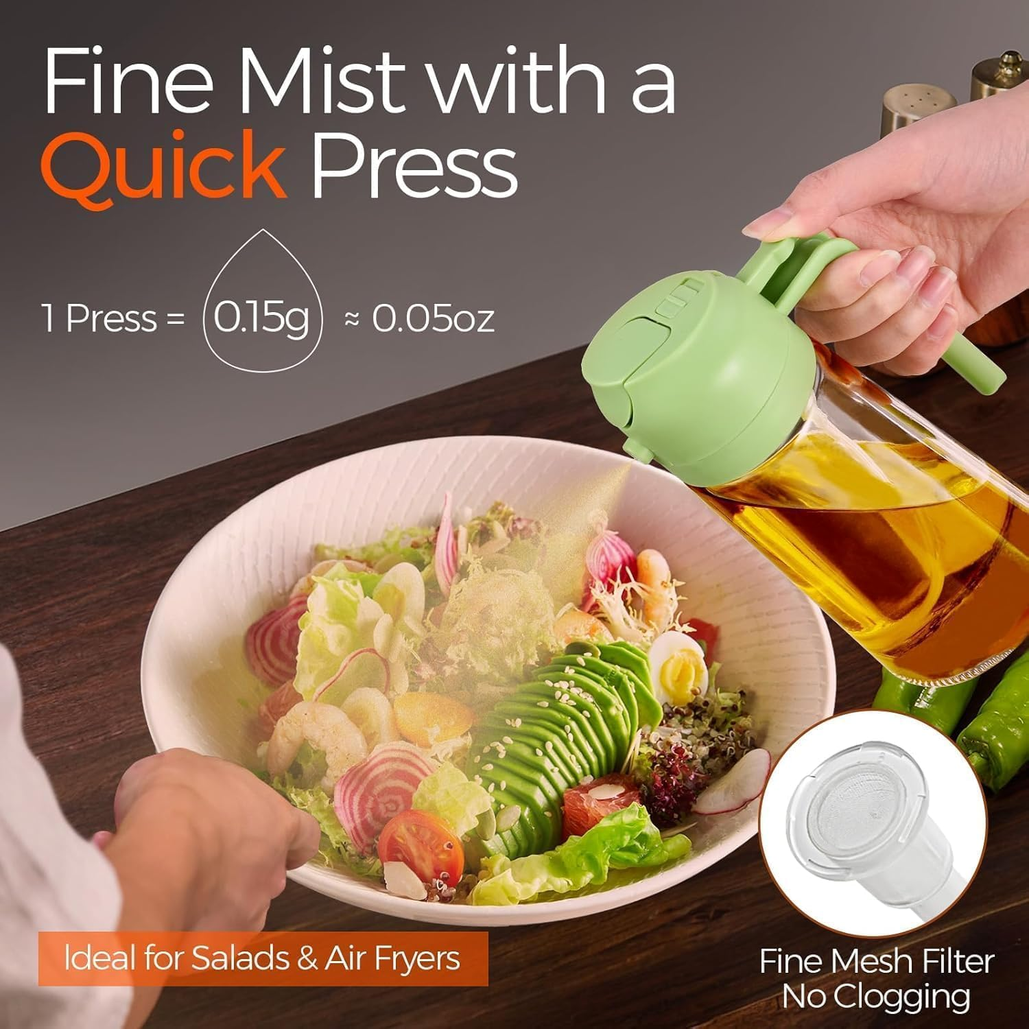 16Oz/470Ml Glass Olive Oil Sprayer for Cooking, 2 in 1 Olive Oil Dispenser Bottle for Kitchen, Premium Dark Green Glass Oil Bottle, Food-Grade Oil Mister for Air Fryer, BBQ image number 2