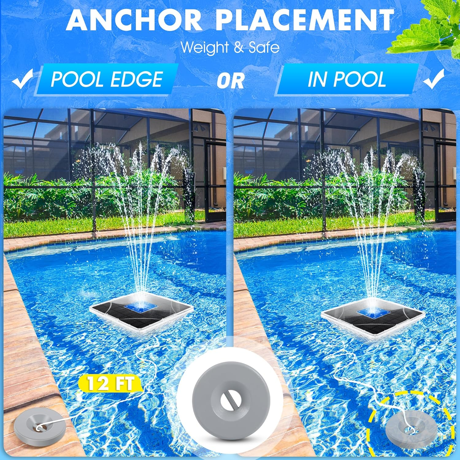 Solar Fountain for Outdoor Use with Underwater Lights, 24 X 24 Cm Solar Fountain, 2 Modes Fountain, Pool Floating, Pool Water Fountain with Anchor, Solar Fountain for Pond, Pool, Garden image number 2