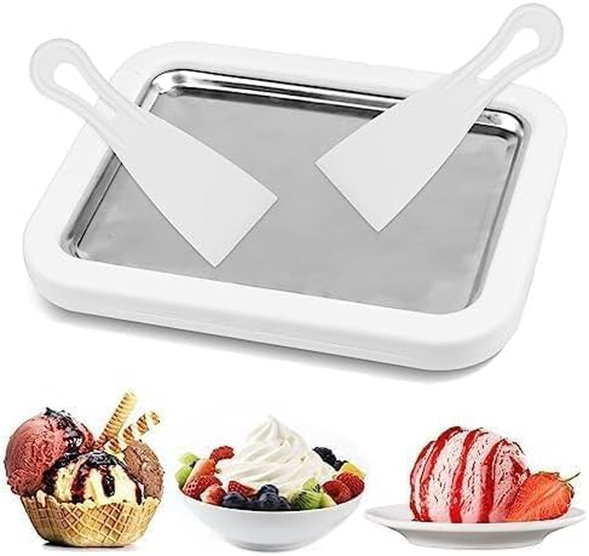 Ice Cream Maker Plate with 2 Spatulas for Homemade Rolled Ice Cream, Frozen Yogurt, Gelato, and Sorbet. Manual Stainless Steel Pan(White)
