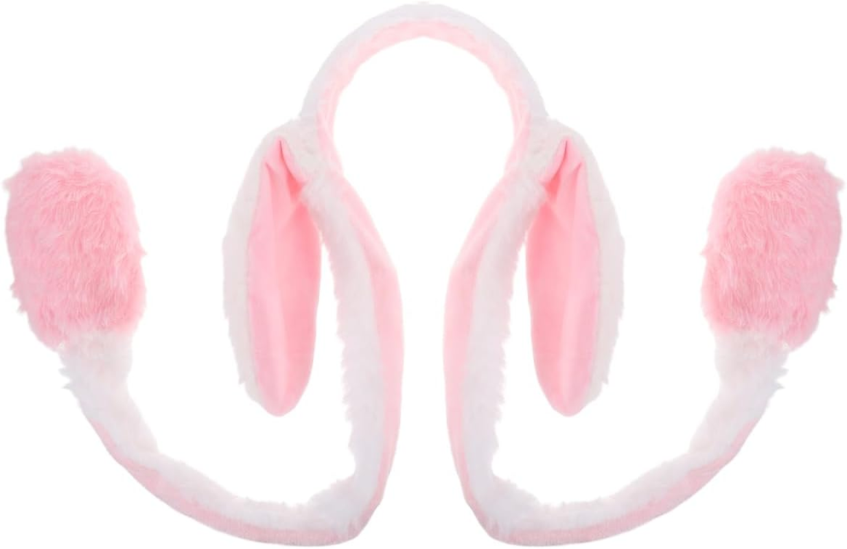 Beavorty Movable Rabbit Ears Headband for Women Plush Headband with Moving Ears Funny Headpiece for Halloween Cosplay and Parties Pink White image number 2