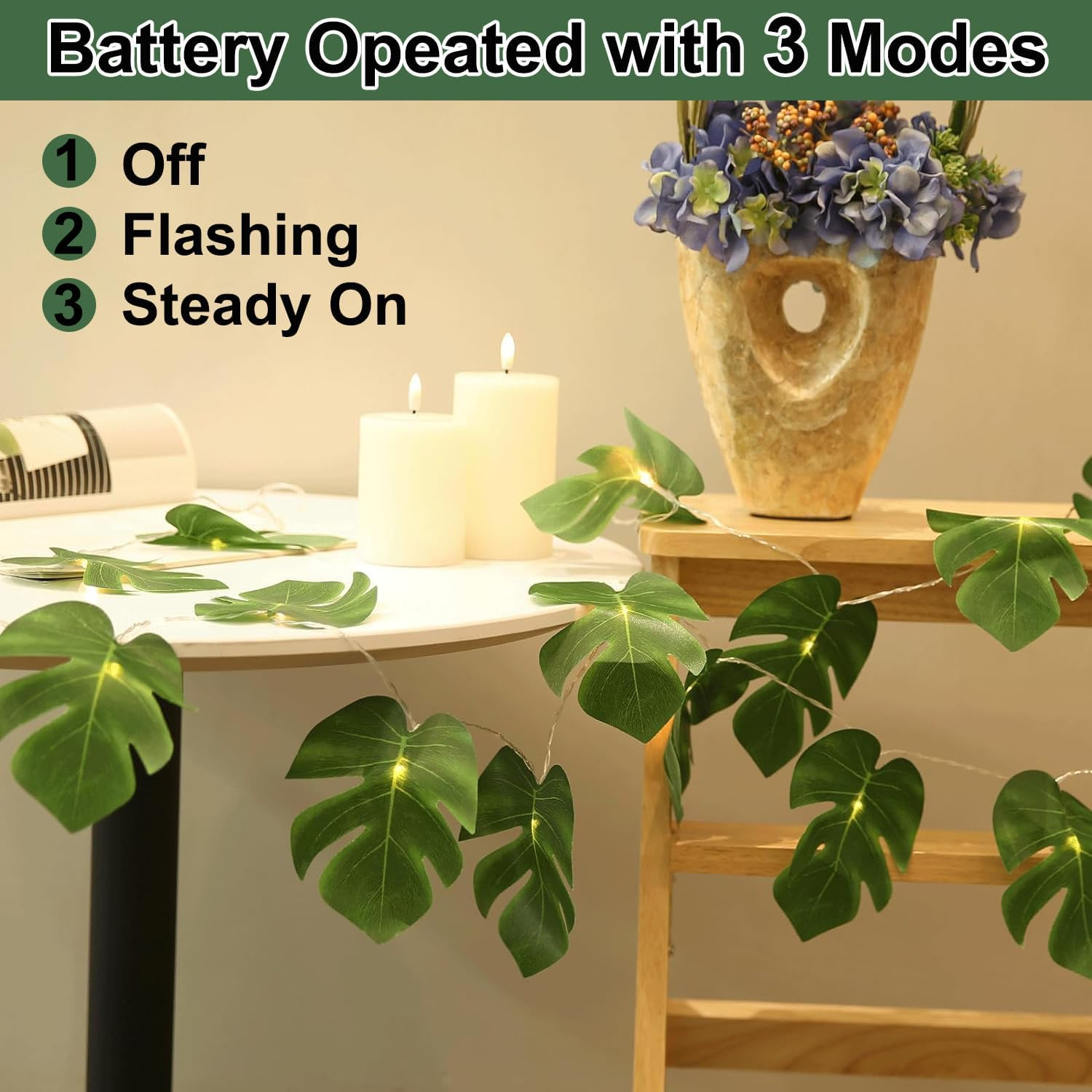 Foanlerck Fairy Lights Palm Leaves 1.5 M 10 LED Monstera Leaf Fairy Lights Battery Operated Tropical Artificial Rattan Palm Leaves for Room Beach Party Decoration