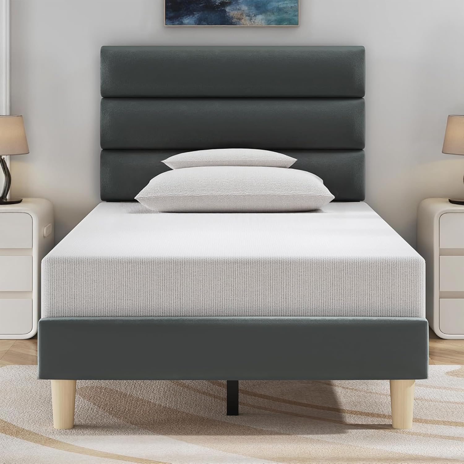 Velvet Upholstered Twin Bed Frame - No Box Spring Needed Platform Bed with Storage Space & Noise-Free Metal Support, Easy Assembly Modern Bedroom Furniture (Grey, Twin)