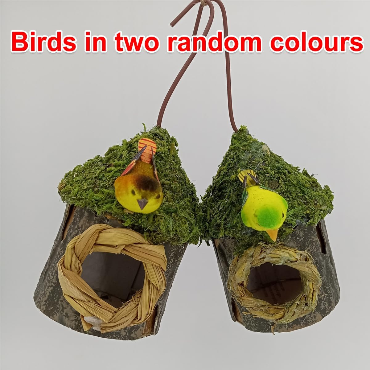 AIMALL Outdoor Hanging Wooden Birdhouse &ndash; Small Nesting Box for Hummingbirds & Finches, Moss Roof Garden Decor with Hook for Balcony, Tree, Courtyard 6.3X2.76X3.35In image number 1