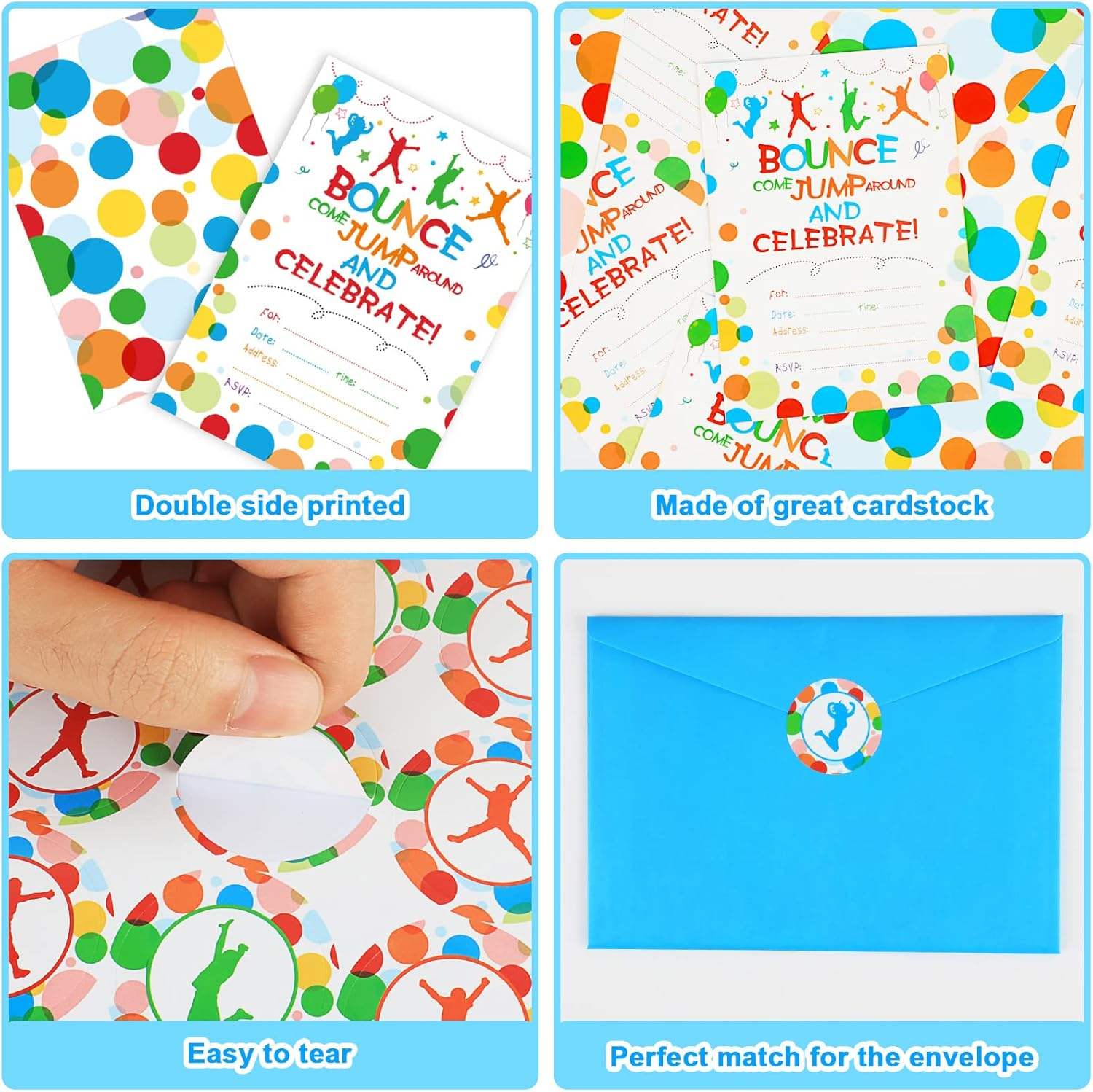 30 Pack Bounce House or Jumping Birthday Party Invitation Jump Bounce House Party Invitation Cards, 30 Trampoline Sticker Labels with 30 Envelopes Bounce House Party Decorations Supplies for Boys