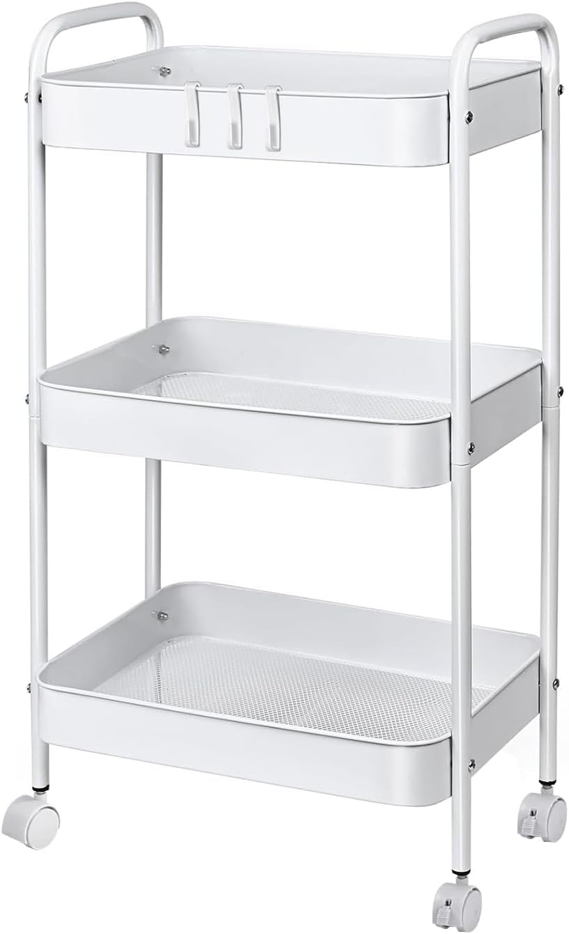 3 Tier Metal Rolling Storage Cart with Lockable Wheels Bathroom Cart Organizer Laundry Room Organizer Utility Cart Mobile Shelving Unit Multi-Functional Shelves for Office, Kitchen, Bathroom, White image number 3