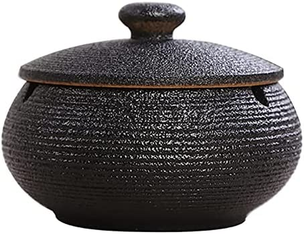 Ceramic Ashtray with Windproof Lid for Indoor Outdoor Use -Black image number 4