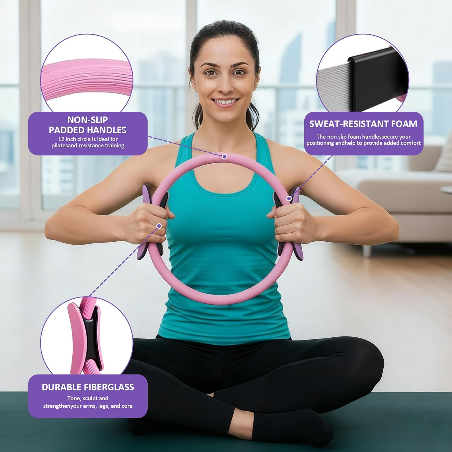 Pilates Ring Essentials Kit for Women, Home Workout Equipment Set with 9.8&rdquo; Ball, Resistance Bands, Magic Circle, Accessories, Pilates Set for Beginners - Purple image number 6