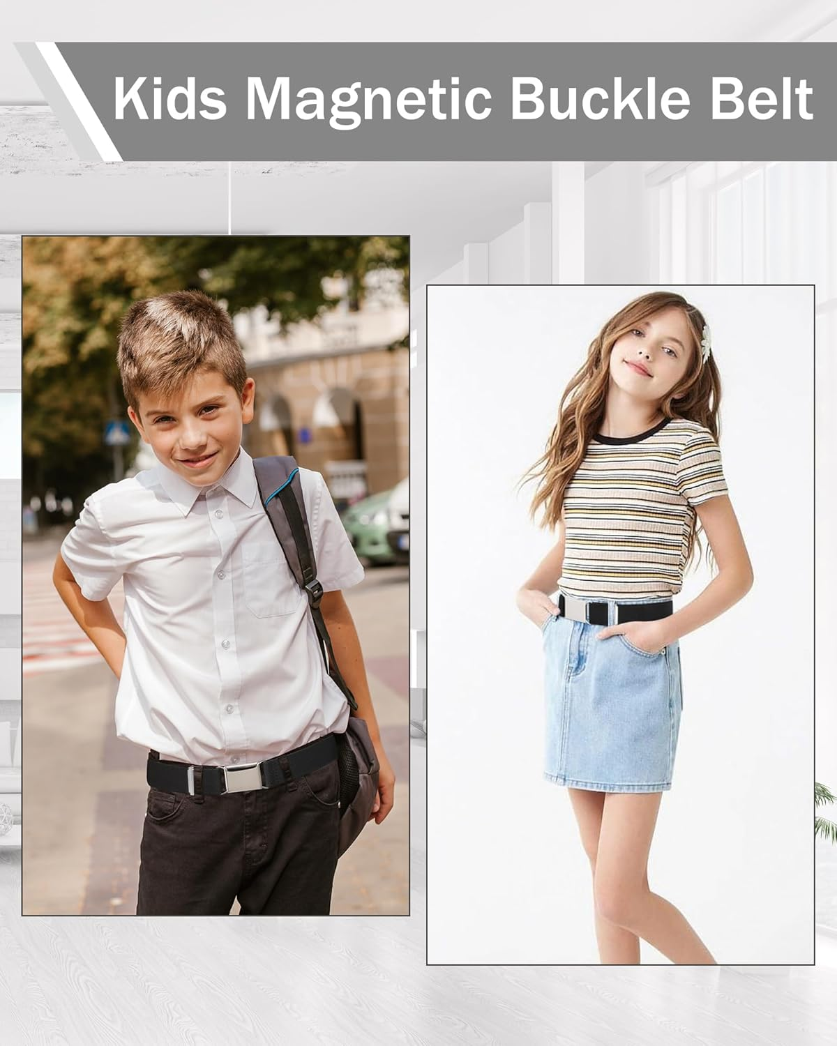 Toddler Kids Adjustable Buckle Belt - Elastic Child Silver Buckle Belts for Girls Boys by WELROG - Black *2 image number 6