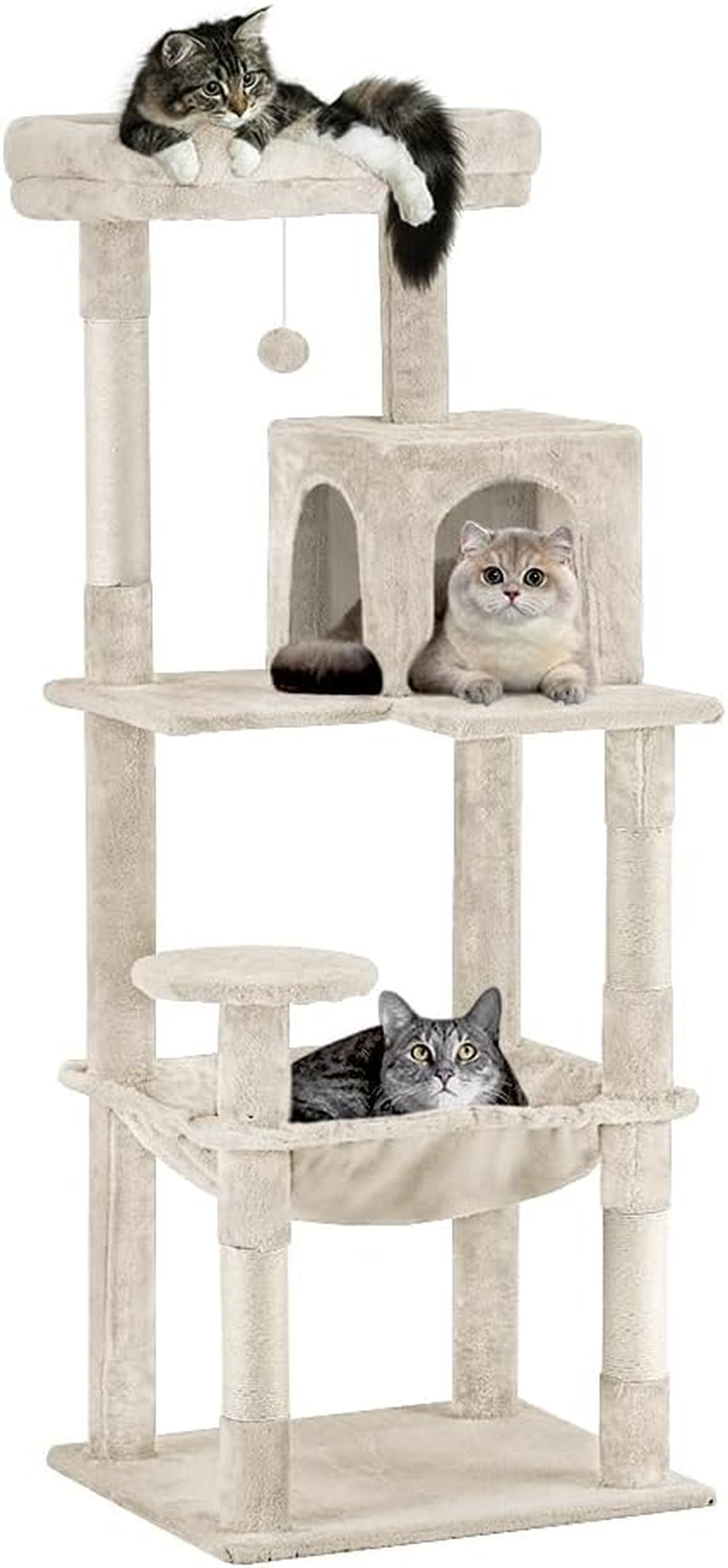 Cat Tree Tower, 142CM Multi-Level Cat Tower for Large Cats, Kitten Furniture Activity Center with Cozy Hammock, Condo, and 4 Sisal Scratching Posts, Beige image number 6