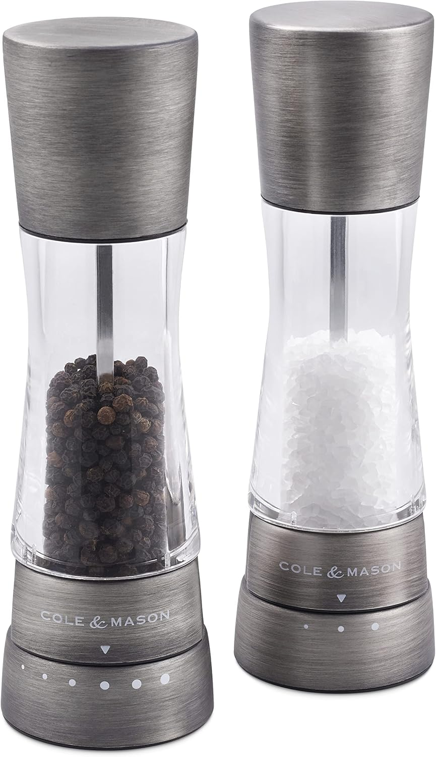 Cole & Mason H332028 Derwent Titanium Salt and Pepper Mill, Set of 2, Manual, Stainless Steel/Acrylic, 190 Mm, Precision+, Gift Set
