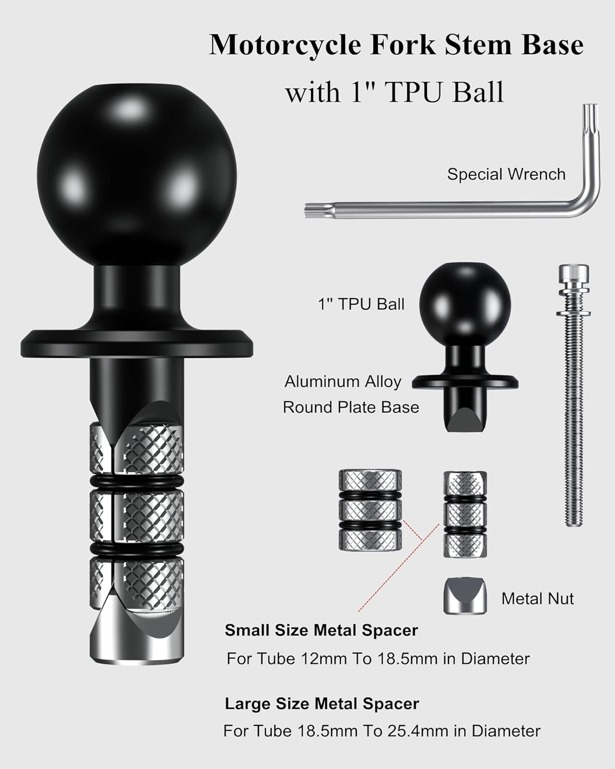 BRCOVAN Metal Motorcycle Fork Stem Mount Base with 1'' TPU Ball for Stem Holes 12Mm to 25.4Mm in Diameter, Compatible with RAM Mounts B Size 1 Inch Ball Double Socket Arm image number 2