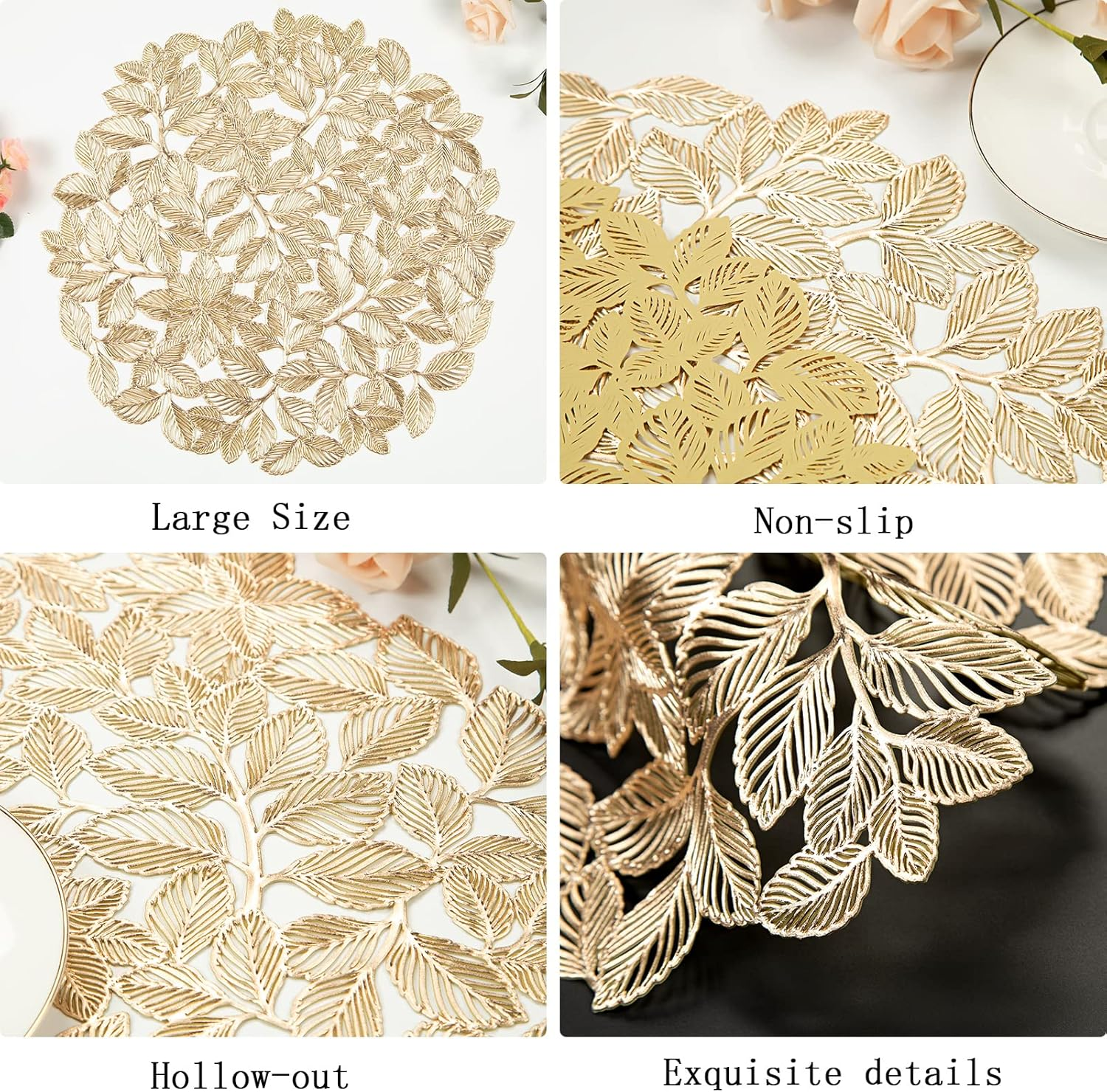 Gold Leaf Placemats Set of 8 Metallic round Placemats Wipeable Waterproof Table Mats for Kitchen Dinner Indoor Outdoor Wedding image number 7