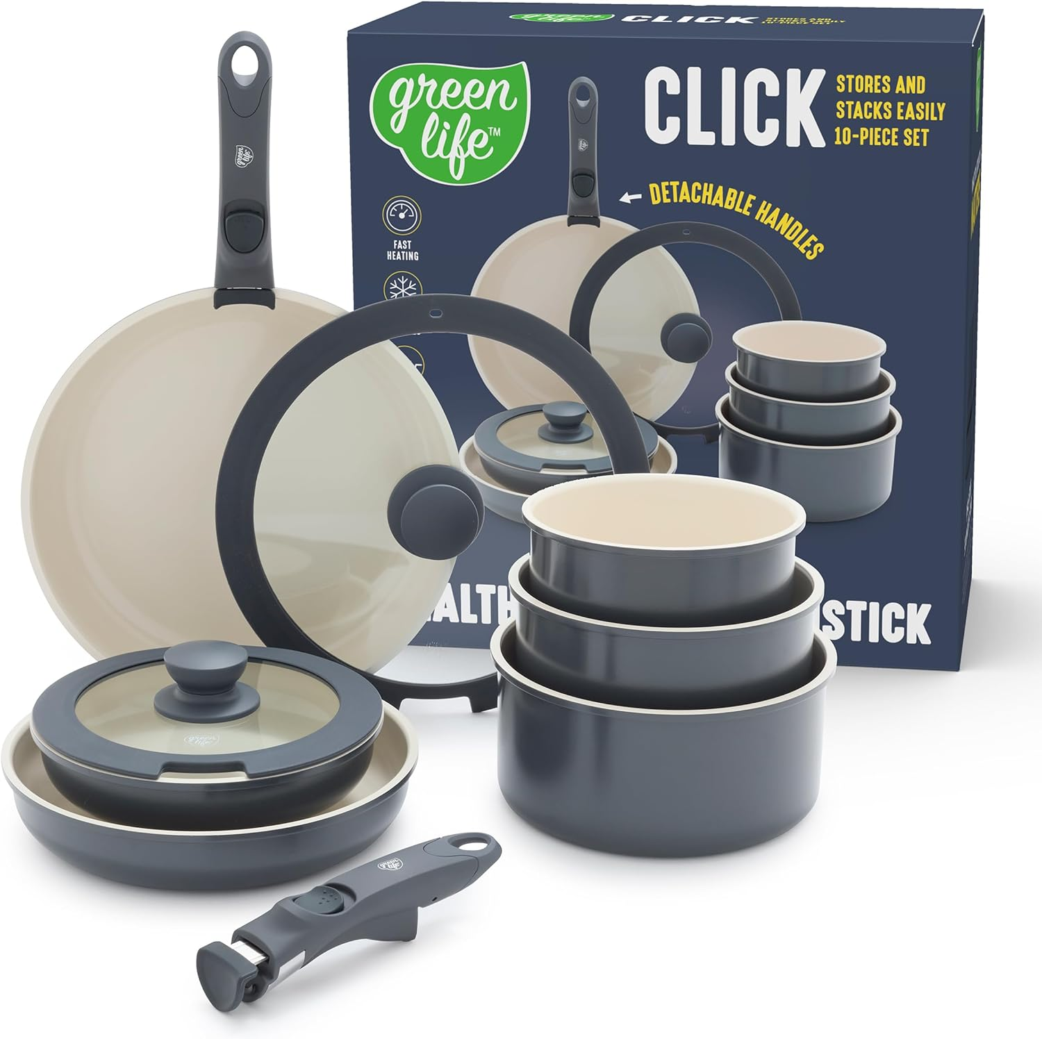 Greenlife 10 Piece Ceramic Pots and Pans Set, Nonstick Detachable & Stackable Cookware Set, Induction Kitchen Pans, Space Saving with Removable Handle, Oven Safe, Non Toxic Pfas-Free, Graphite