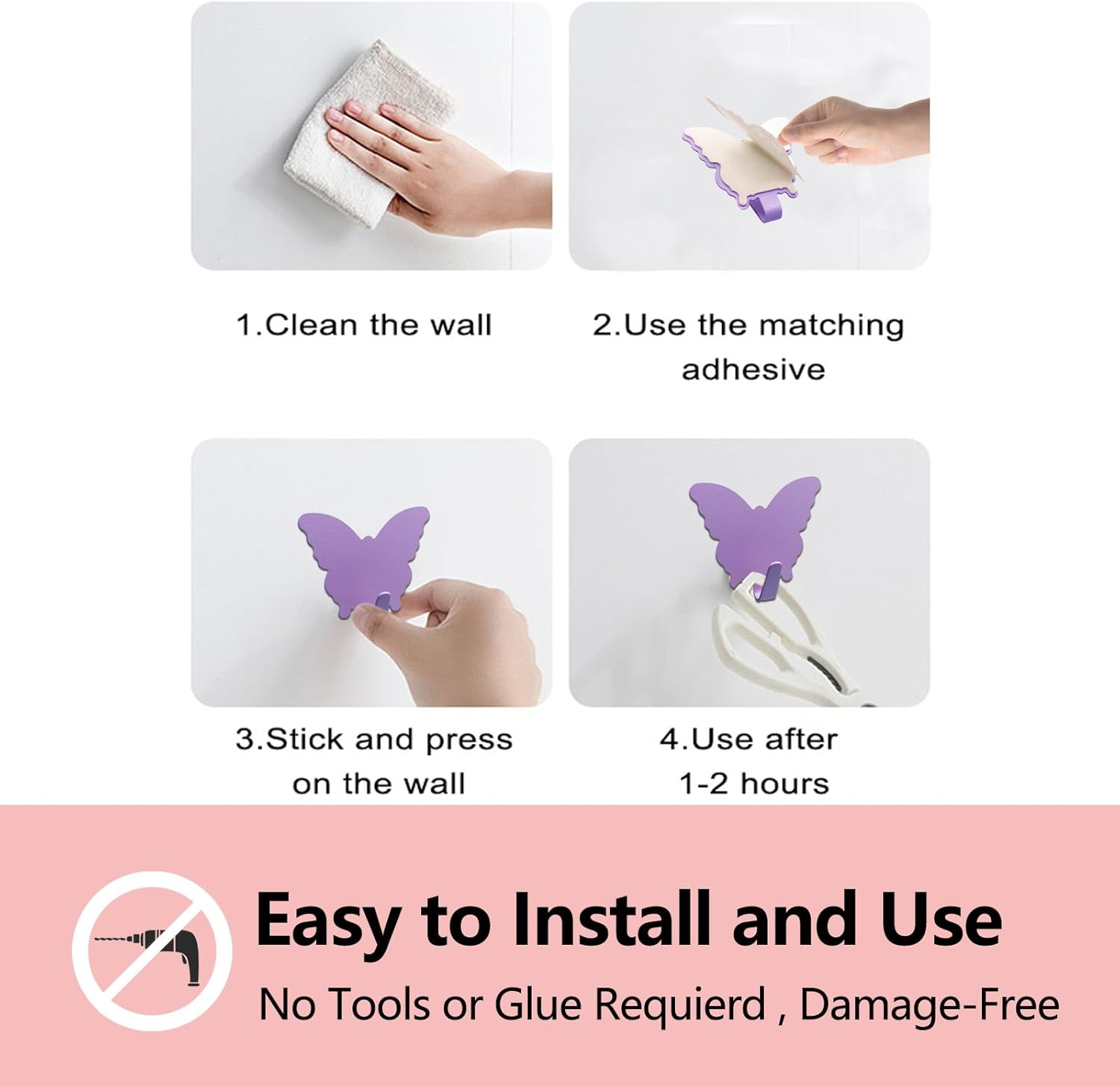 Duehoppee 8 Pack Adhesive Hooks,Cute Butterfly Sticky Hooks,Wall Decoration Hooks,Strong Stainless Steel Hooks to Organize Kitchen Office Bathroom Items, Key Hooks, Hat Hooks (Black) - Purple image number 4