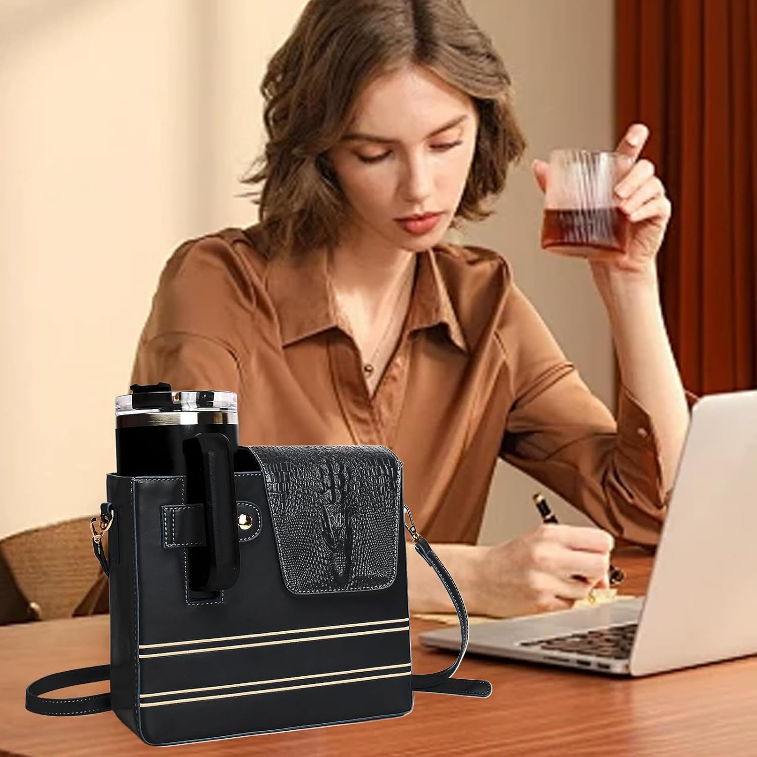 Bag with Cup Holder, Waterproof Shoulder Purse, Cup Holder Bag, Portable Shoulder Purse Multiple Pockets for Women Outdoor Sports Walking Hiking Travel Commuting Camping Cycling - Black image number 4