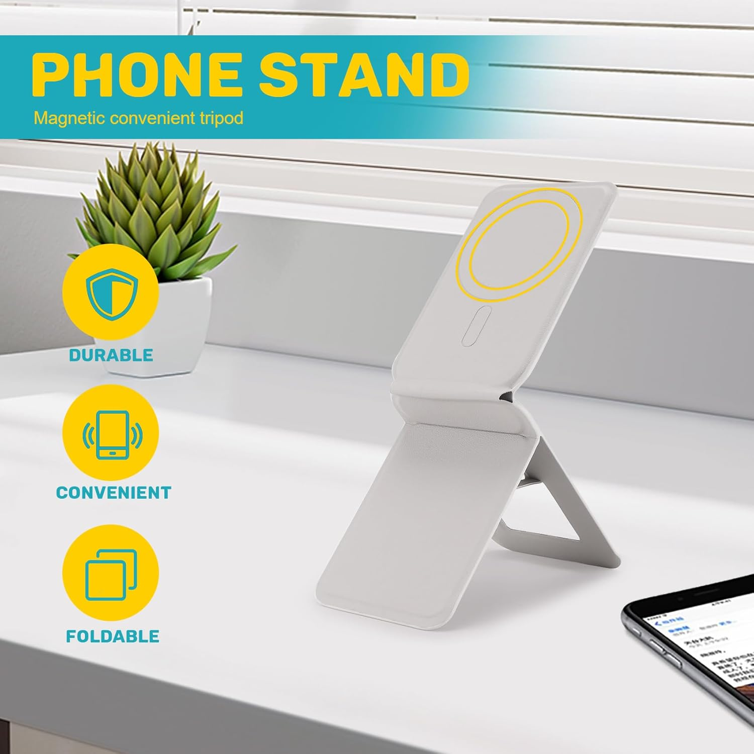 Hcskoss Mobile Phone Holder Foldable Magnetic Phone Tripod Stand Cell Phone Stand Strong Magnets PU Leather Phone Stand Compatible with Iphone 17/16/15/14/13/12 Series image number 1