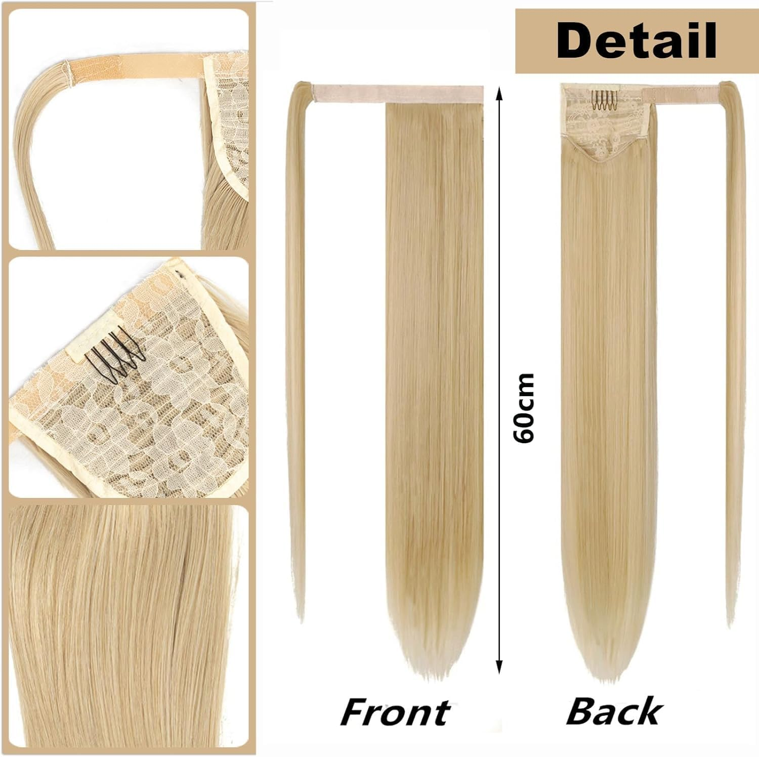 Ash Blonde Ponytail Extension 60Cm Long Straight Wrap around Clip in Synthetic Fiber Hair Ponytail Hair Extensions Hairpiece for Women Girls Daily Wear,120G image number 4