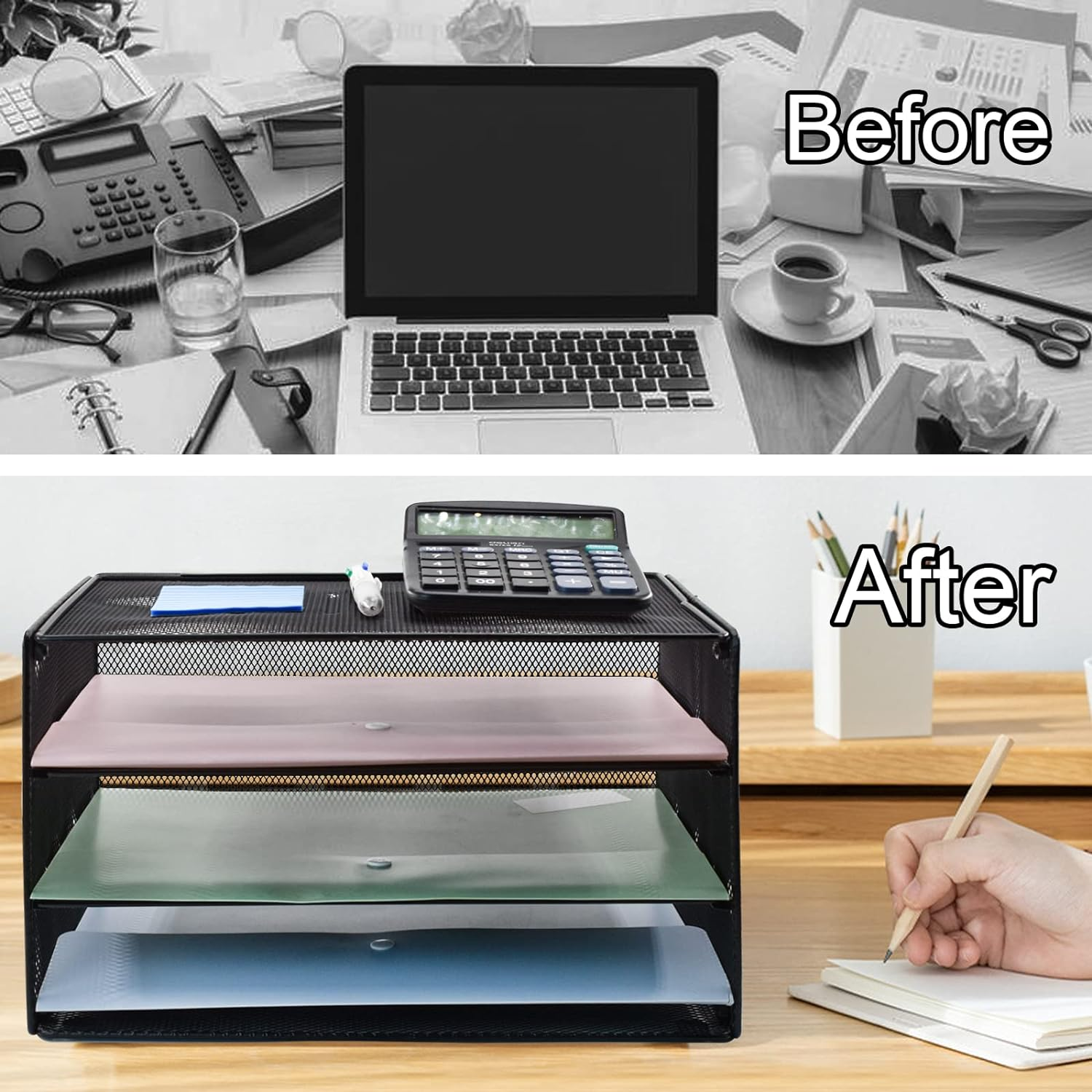 VANRA 3 Tier Letter Tray Paper Organizer Metal Mesh Desktop Document File Organizer with Sliding Tray for Office and Study image number 4