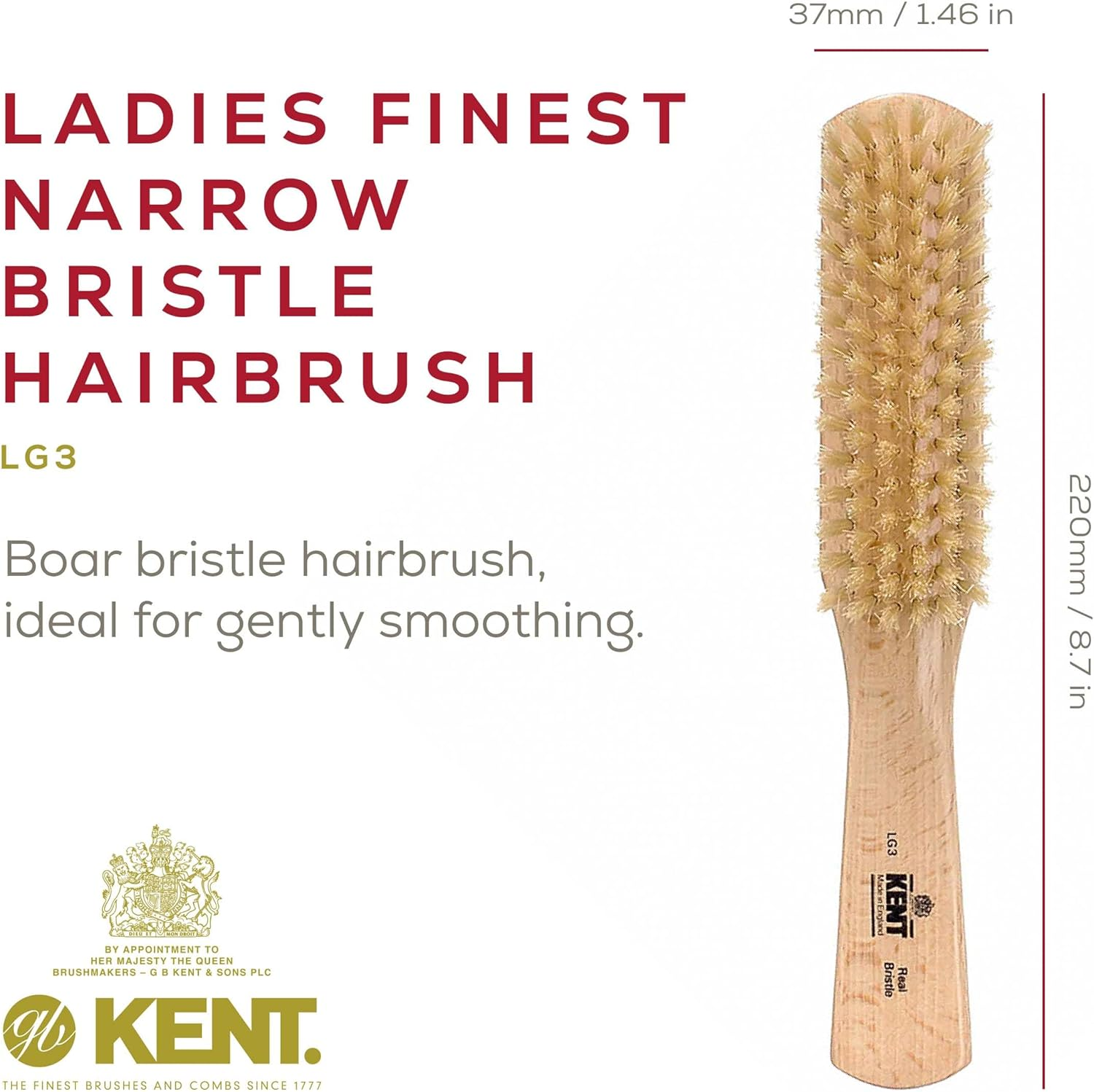 Kent LG3 Finest Hair Brushes for Women - Natural Beechwood and Boar Bristle Narrow Hairbrush for Fine or Medium Thickness Hair All Lengths - Dry Brush for Styling, Straightening, and Stimulating Oils image number 2