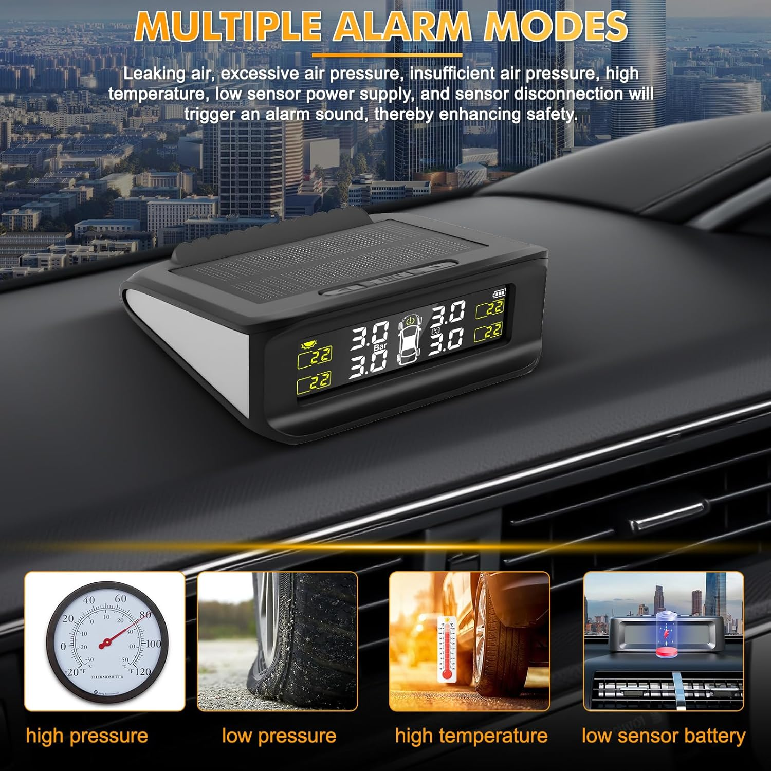 Avutrel TPMS Waterproof Tyre Pressure Monitoring System Wireless Solar Real-Time for Car Caravan SUV RV Trailer Van (0-5 Bar) - 4 External TPMS Sensors with 5 Alarm Modes image number 3