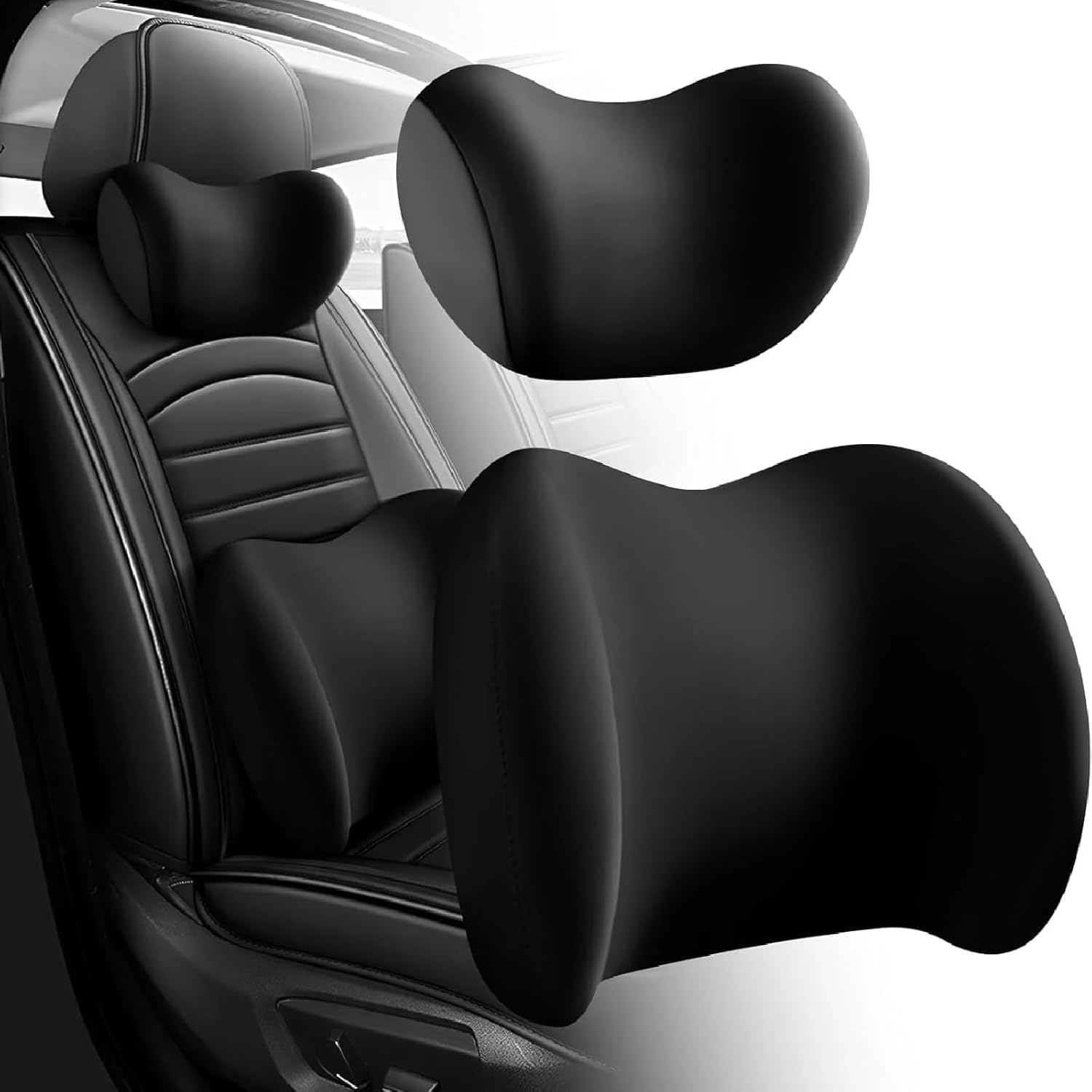 Car Headrest & Lumbar Support Cushion, Ergonomic Car Seat Headrest Neck Rest Cushion Lumbar Support Pillow Memory Foam & Breathable Removable Cover for Neck Back Pain Relief (Black) image number 6