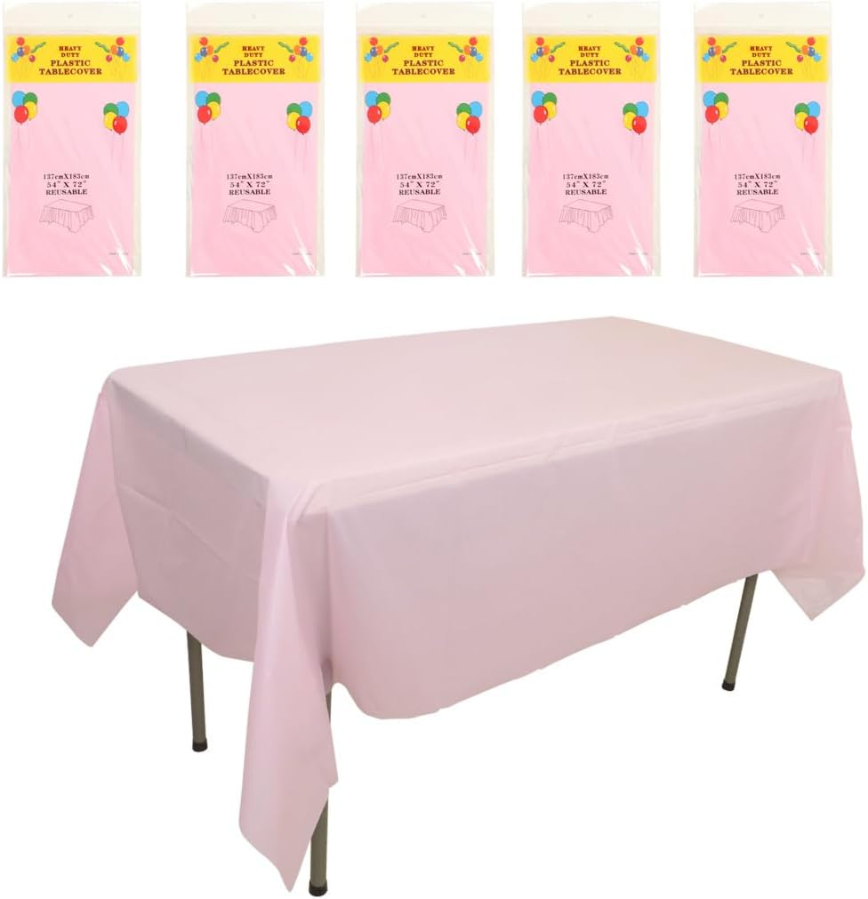 Aoozleny Premium Disposable Plastic Tablecloth (54 X 72 Inches), Decorative Rectangle White Table Cover for Wedding, Party, Banquet [5 Pack] (Pink)