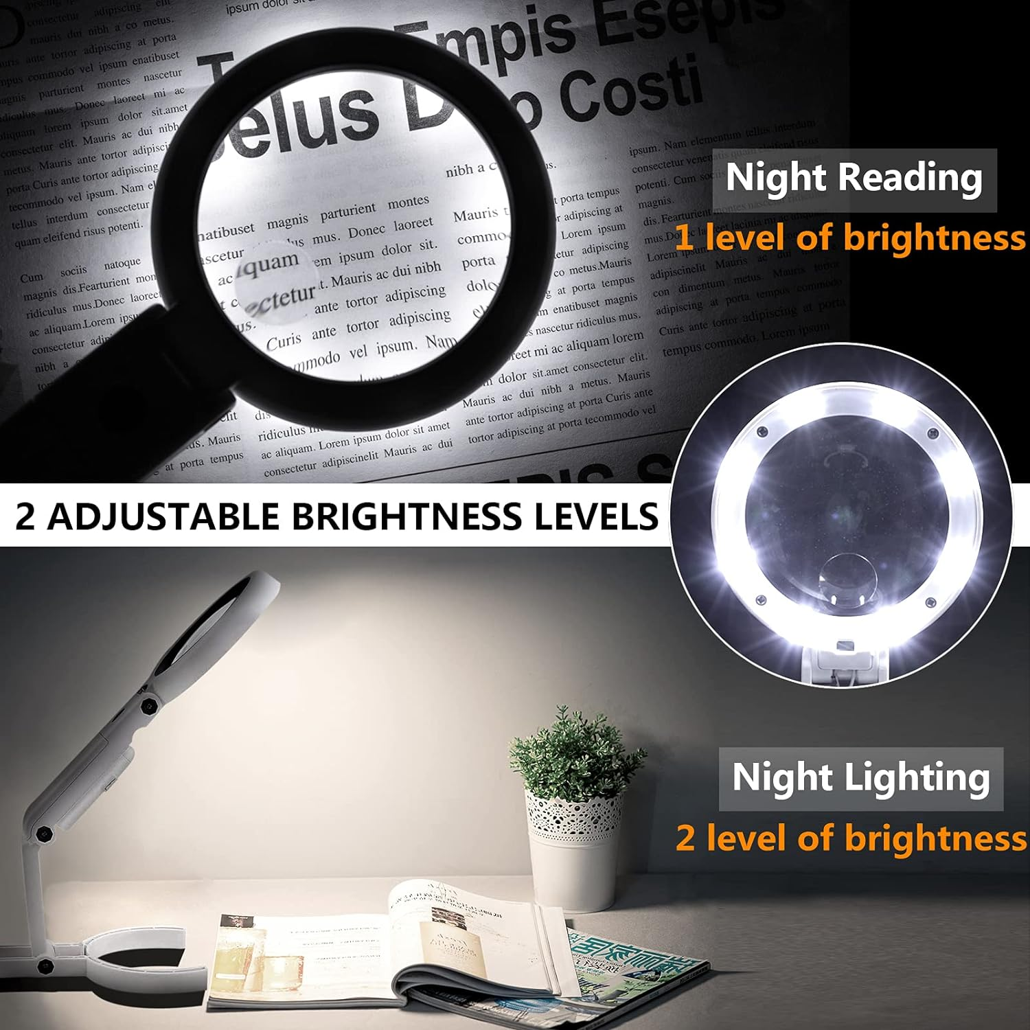 30X 10X Magnifying Glass with Light and Stand, Foldable Handheld Magnifying Glass & 2 Level Dimmable for Close Work, Macular Degeneration, Seniors Reading, Powered by Battery or USB