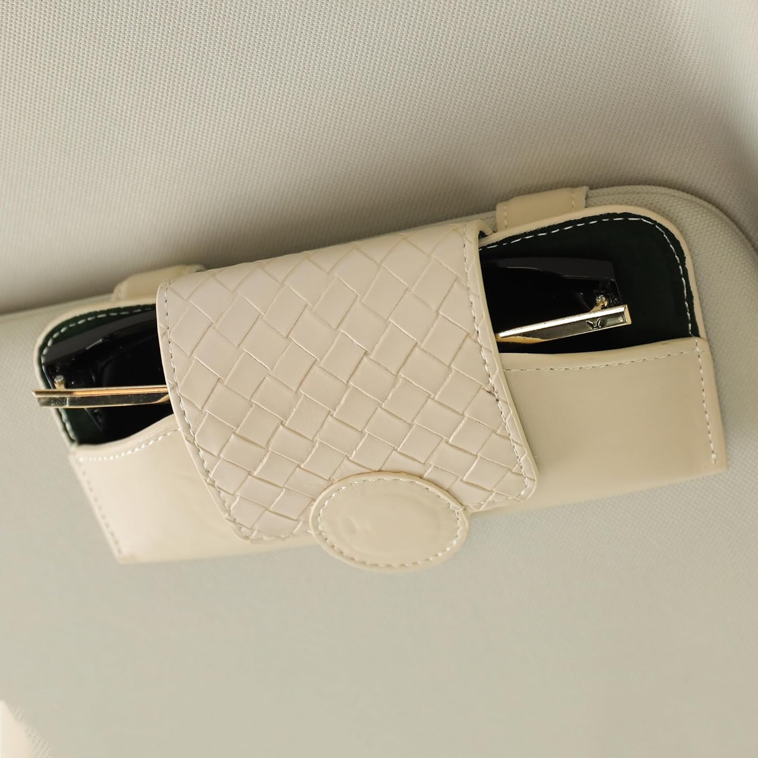 KINIVA Sunglass Holder for Visor - Leather Glasses Case with Clips for Interior Accessories - All Car Models