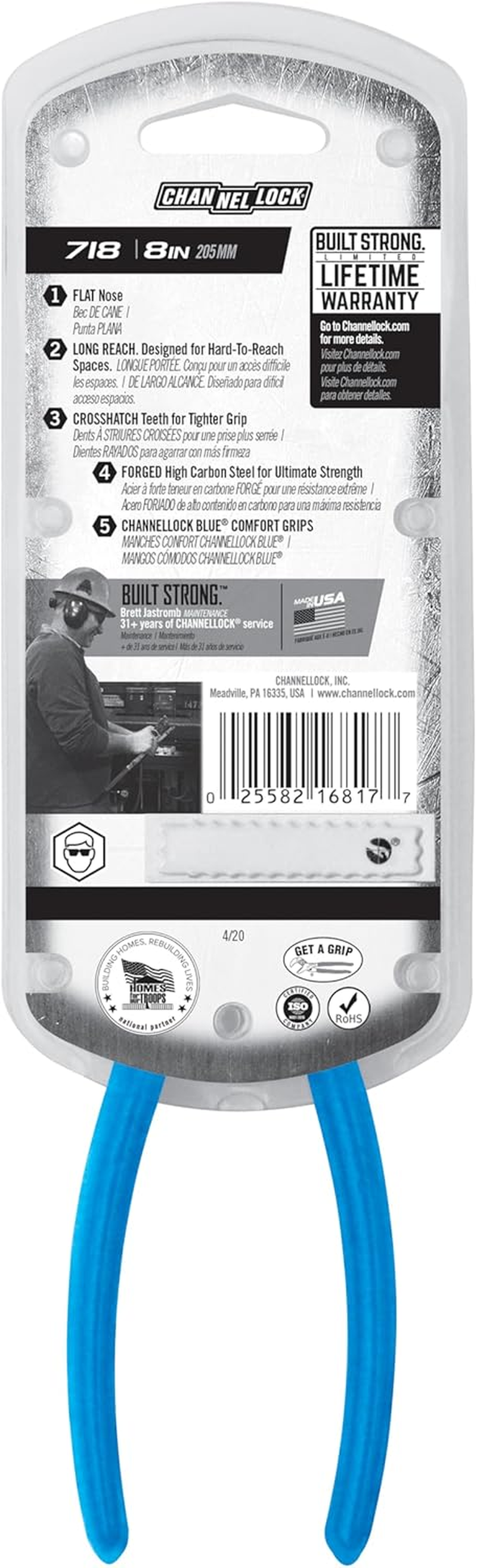 Channellock 718 8-Inch Flat Nose Pliers | Duckbill Jaw Pliers with Extra Long Nose and Crosshatch Teeth Pattern Designed for Hard-To-Reach Places | Forged of High Carbon Steel | Made in the USA