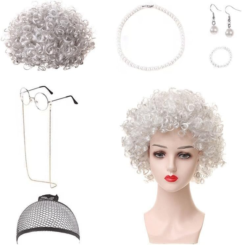 HENWUBEI 7 Piece Old Lady Cosplay Set, Grey Granny Wig Curls Necklace and Fake Eyeglasses Set,Halloween Masquerade Party Witch Decoration 100 Days of School Event image number 5