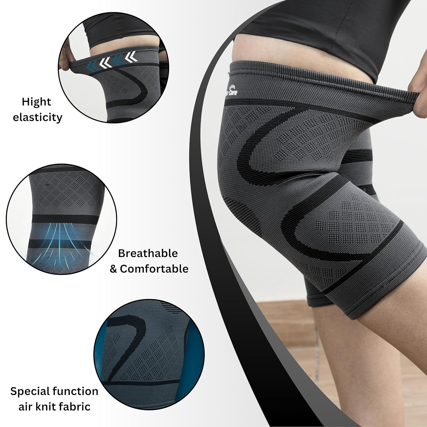 Wonder Care Pack of 2 Knee Sleeve Compression Knee Brace for Men and Women Knee Support Running Workout Gym Hiking Sports Running Gym (Grey-Black-S) image number 1