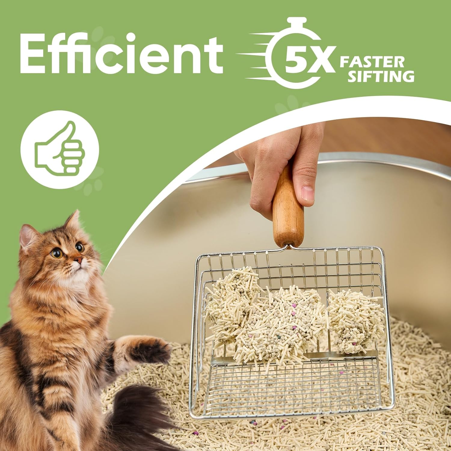 Cat Litter Scoop with Holder, Heavy Duty Litter Sifter, Stainless Steel Litter Shovel, Litter Scooper with Beech Wood Grip and Washable Stand, Perfect for Cat Litter Box Cleaning image number 1