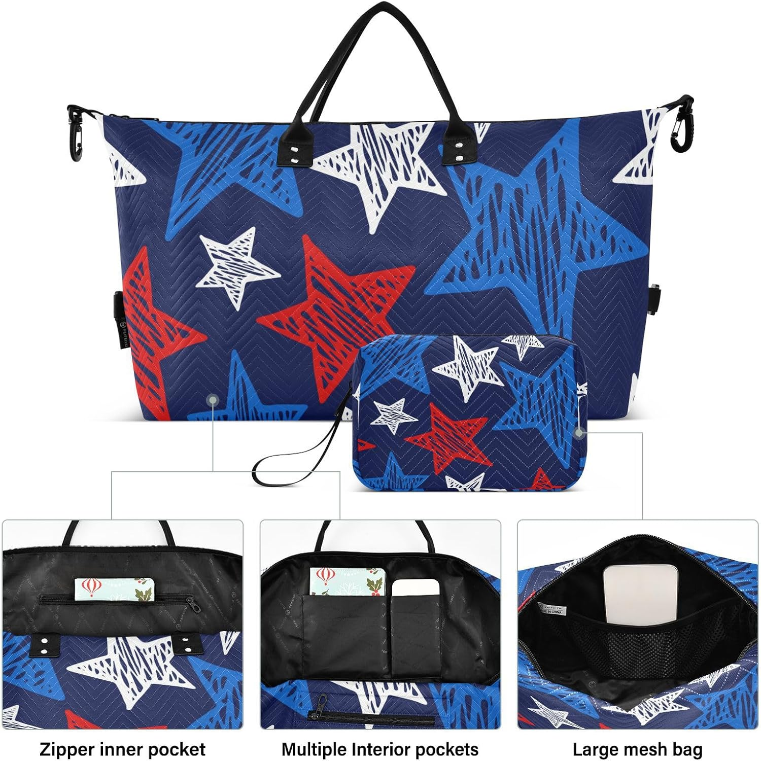 Large Travel Duffel Luggage Weekender/Overnight Duffel American Flag Star Scatter Pretty Blue Tote Bag with Adjustable, Star, Set of 2, Art Deco image number 1