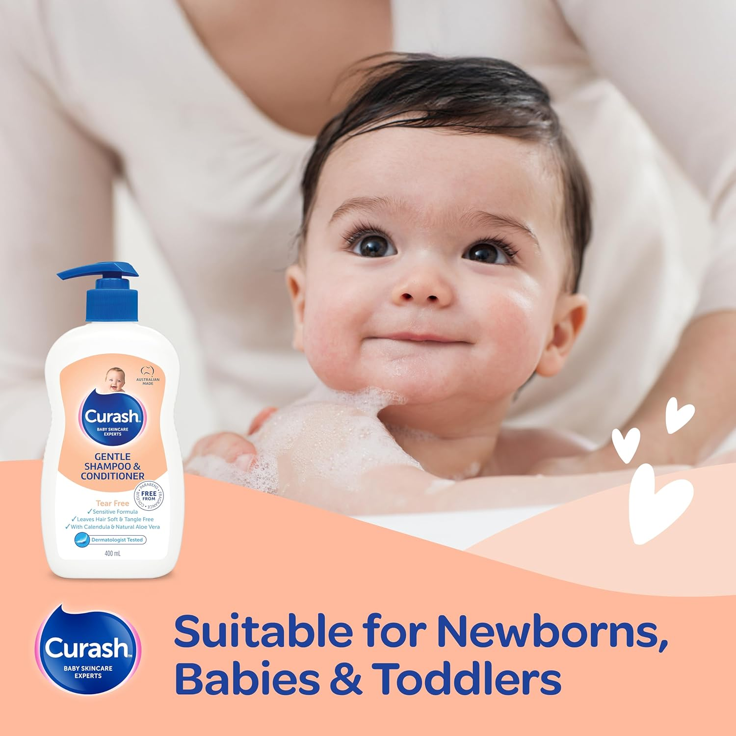 Curash Bath Time Pack - 1X Gentle Shampoo & Conditioner (400Ml) + 1X Head to Toe Wash (400Ml+ 1X Simply Water Wipes (80 Pk) | Safe & Hypoallergenic for Sensitive Skin | Ideal for Newborns & Toddlers image number 5