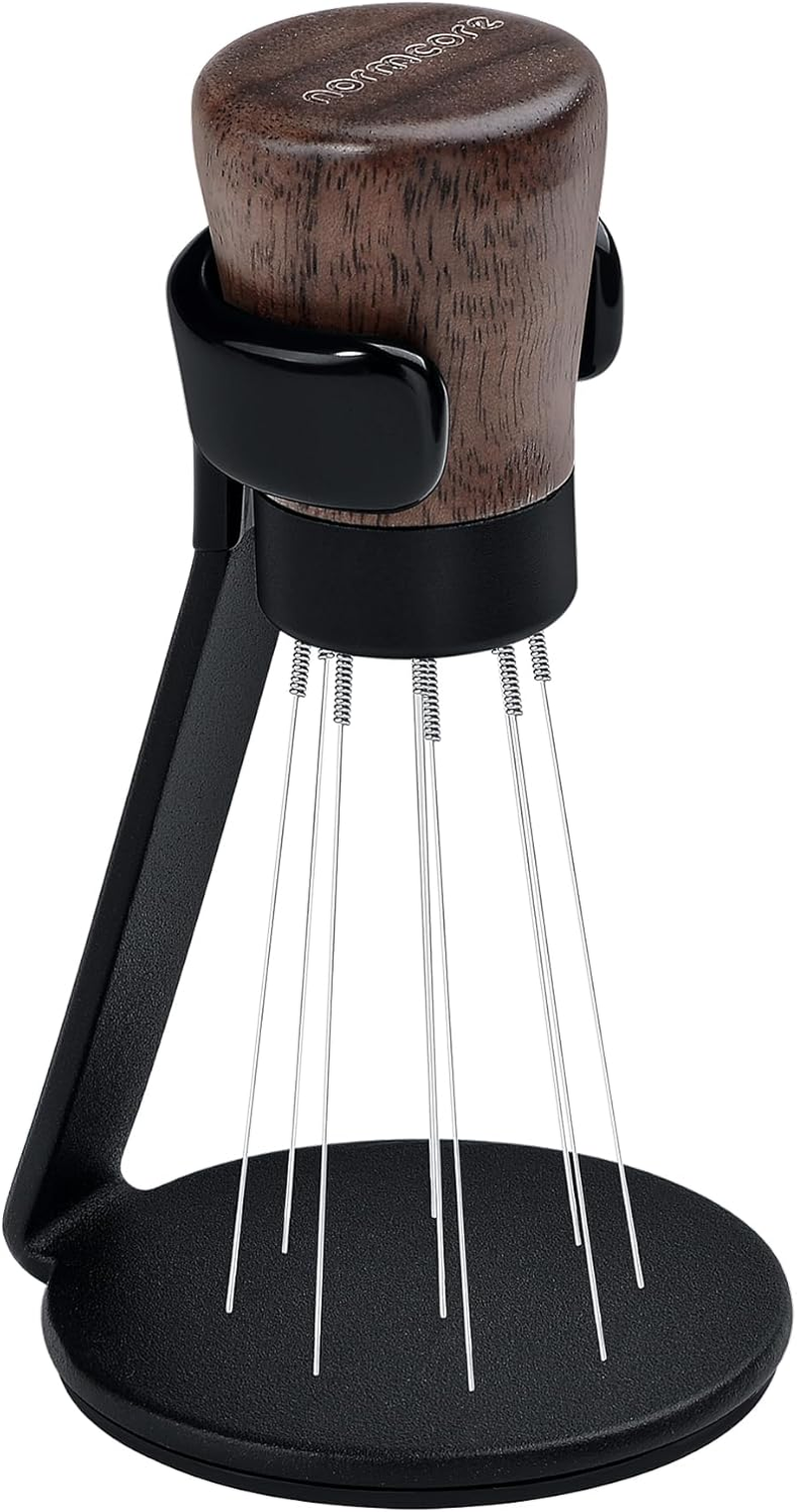 Normcore WDT Tool V2.1 with Stand, 9 Prongs, 0.23 Mm, Espresso Distribution Technology, Magnetic Coffee Stirrer with 16 Additional Needles, American Walnut Handle, Improved Upgrade