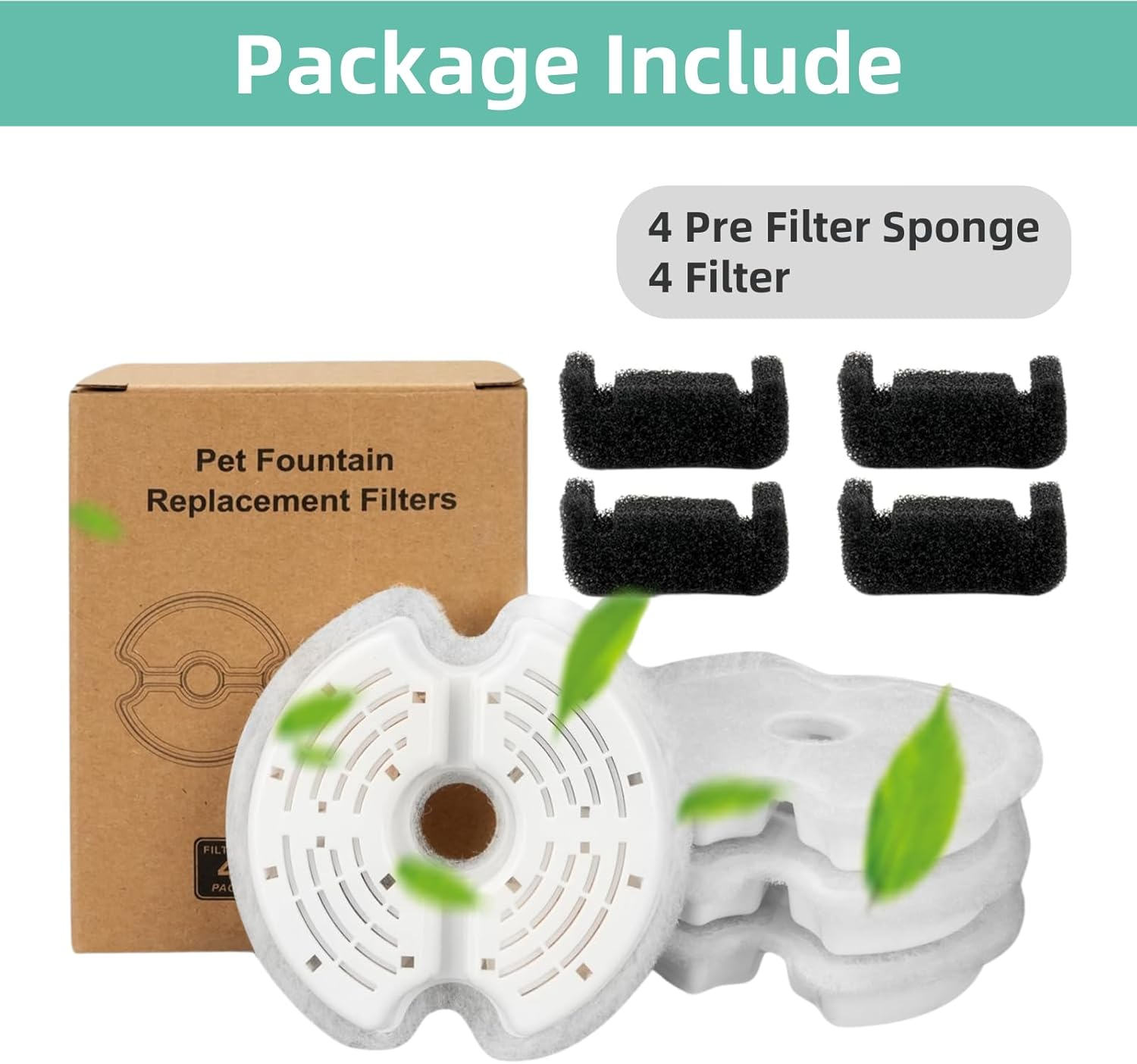 4 Packs Cat Water Fountain Filters & 4 Pack Pump Filters for 67Oz/2L Automatic Cat Fountain Dog Water Dispenser, JOMWEN Pet Pre-Filter Sponges image number 1