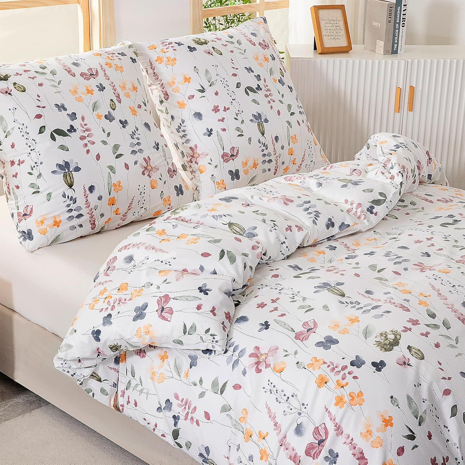 Atsense Bed Linen 155 X 220 Cm Cotton, 2-Piece Bed Linen Sets, Colourful Plants Flowers Pattern, Oeko-Tex Soft Duvet Cover Set with Zip and 1 Pillowcase 80 X 80 Cm
