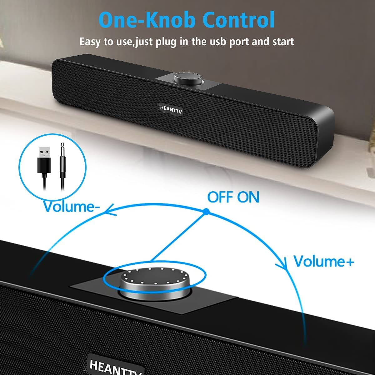 Computer Speakers for Desktop Monitors, PC Speakers, USB Powered 6W Stereo Soundbar with 2 Diaphragms,3.5Mm Aux Input, Knob Volume Control, Wired Soundbar for Desktop Smartphones Laptop,Black image number 1