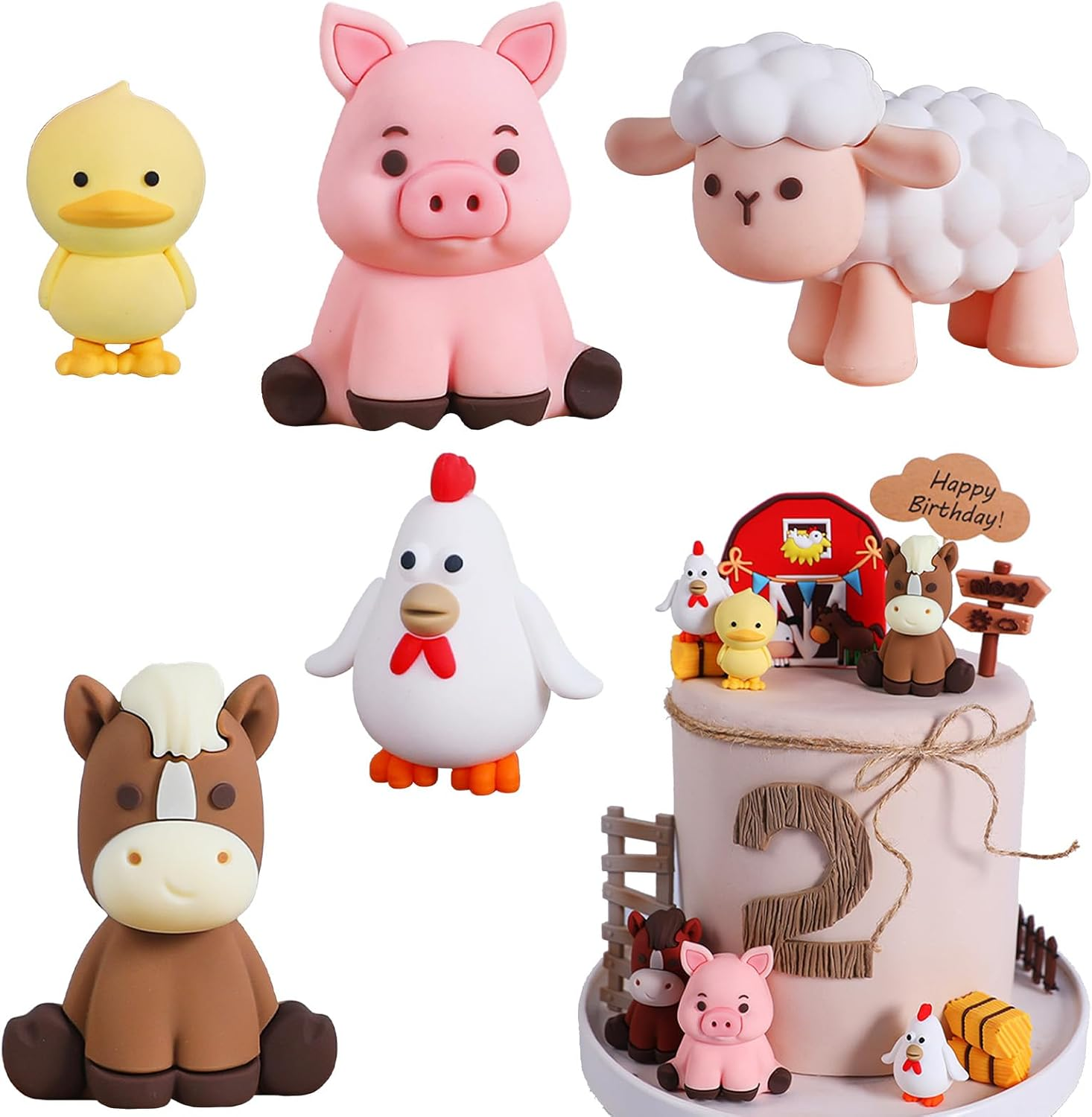 5Pcs Farm Animal Birthday Cake Decoration 3D Cartoon Farm Animal Cake Topper Sheep Cow Pig Duck Chicken Cake Decoration Cake Topper Cupcake Topper Picks for Baby Shower Kids Birthday Party